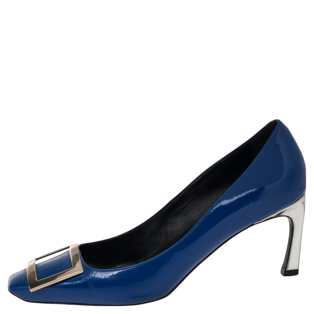 

Roger Vivier Blue Patent Leather Trompette Buckle Pumps Size