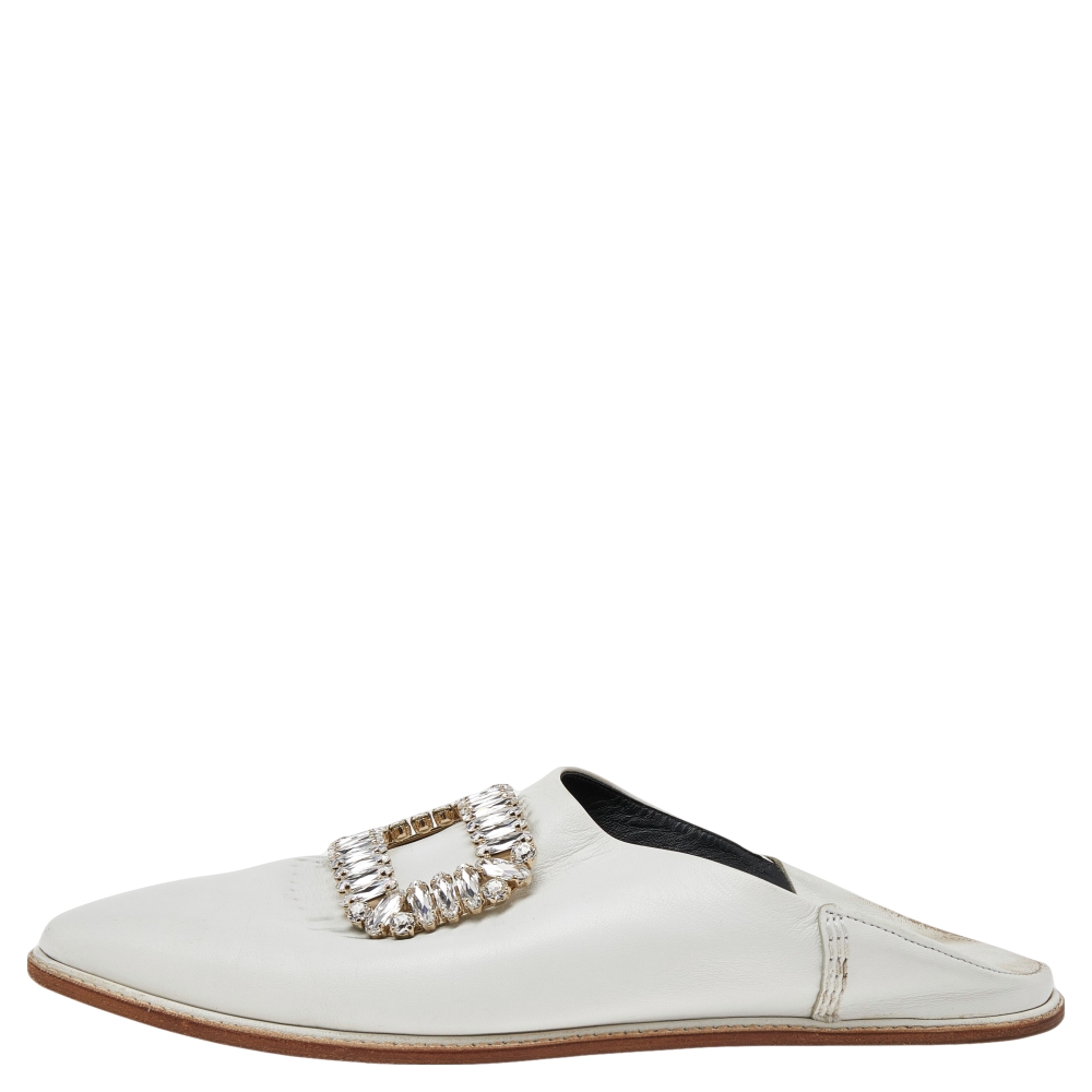 

Roger Vivier White Leather Crystal Embellished Loafers Size