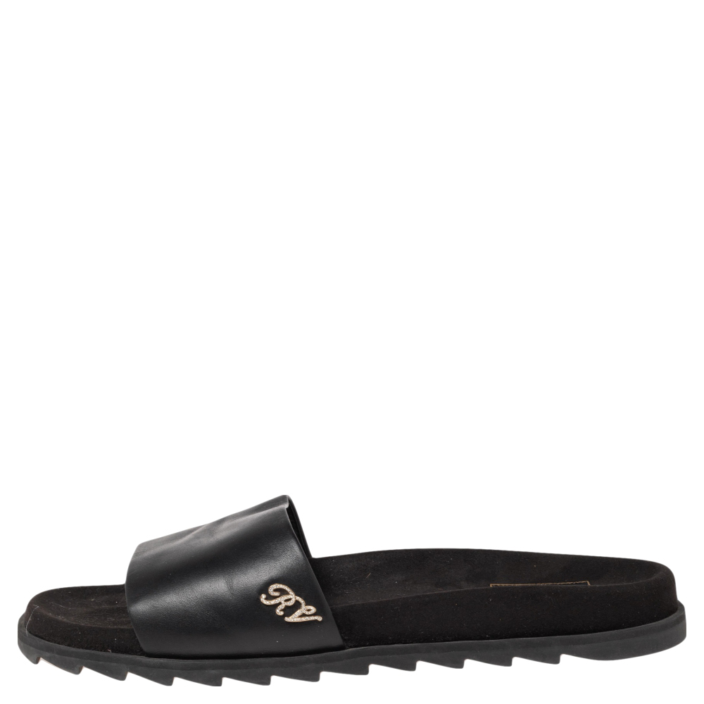 

Roger Vivier Black Leather and Suede Logo Crystals Flat Slides Size
