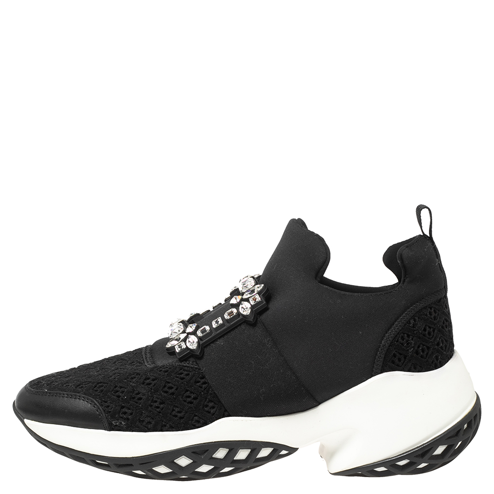 

Roger Vivier Black Leather And Fabric Sneaky Viv Crystal Embellished Slip On Sneakers Size