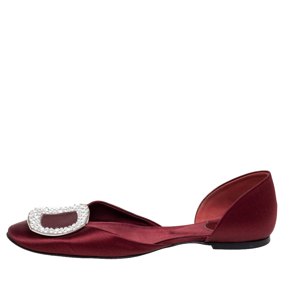 

Roger Vivier Wine Red Satin Trompette Crystals D' Orsay Ballet Flats Size