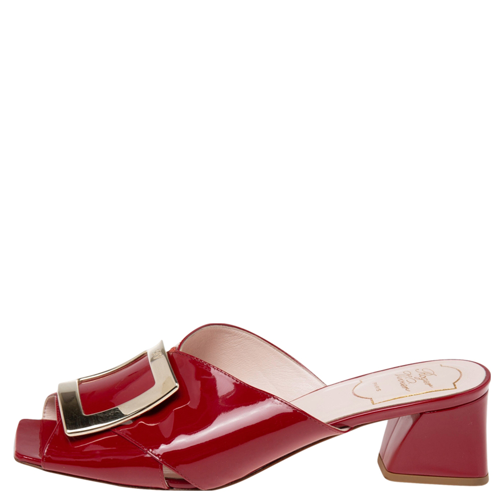 

Roger Vivier Red Patent Embellished Open Toe Block Heel Slide Sandals Size