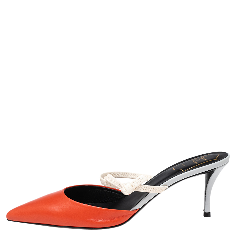 

Roger Vivier Orange/White Leather Bow Pointed-Toe Mules Size