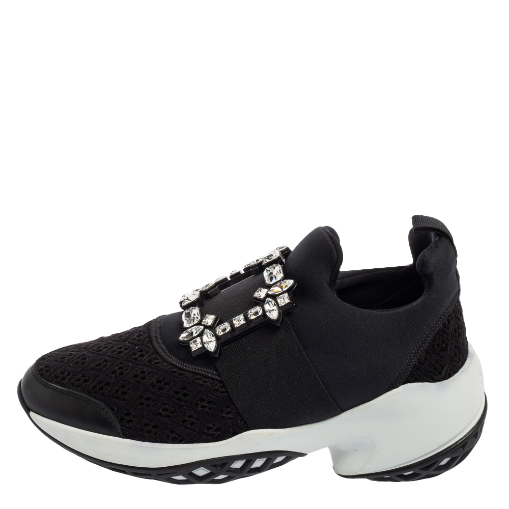 

Roger Vivier Black Leather and Fabric Strass Buckle Viv Run Sneakers Size