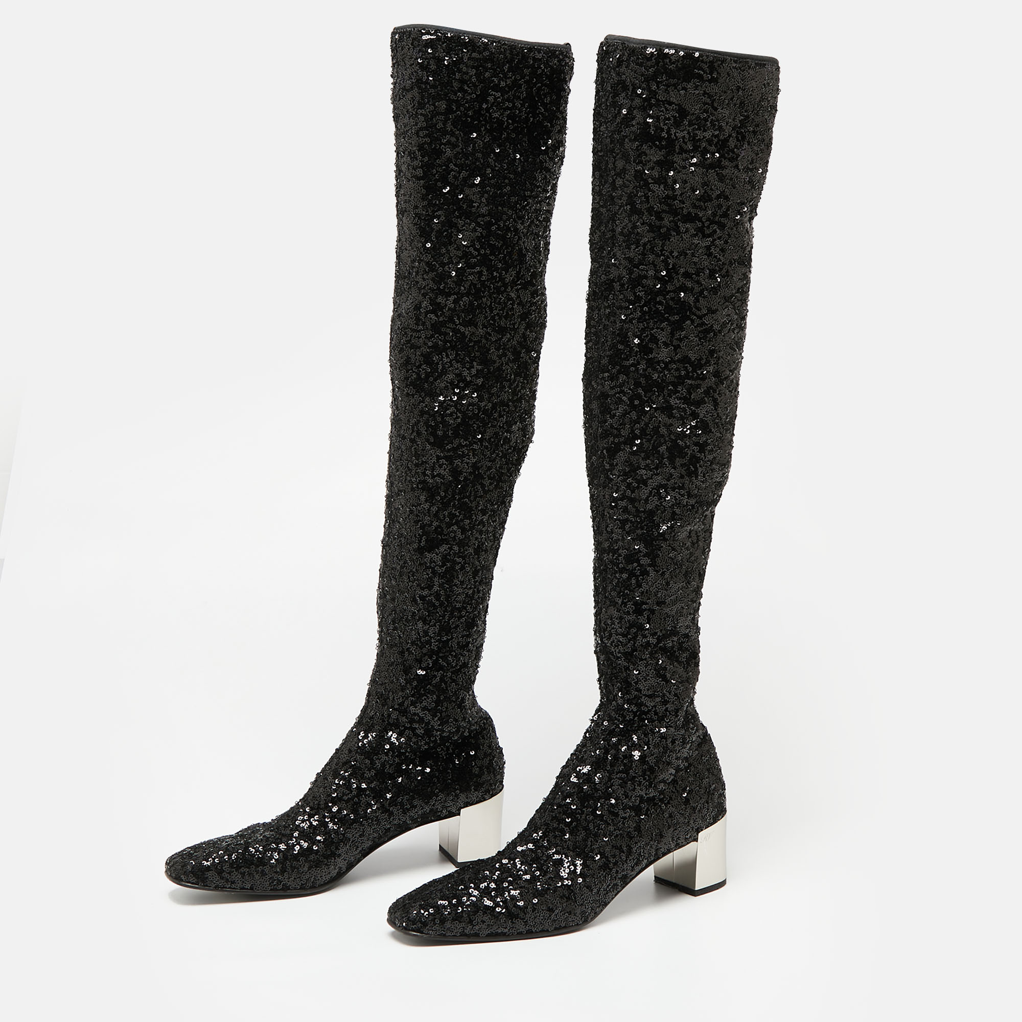 

Roger Vivier Black Sequins Polly Over The Knee Mirror Block Heel Boots Size