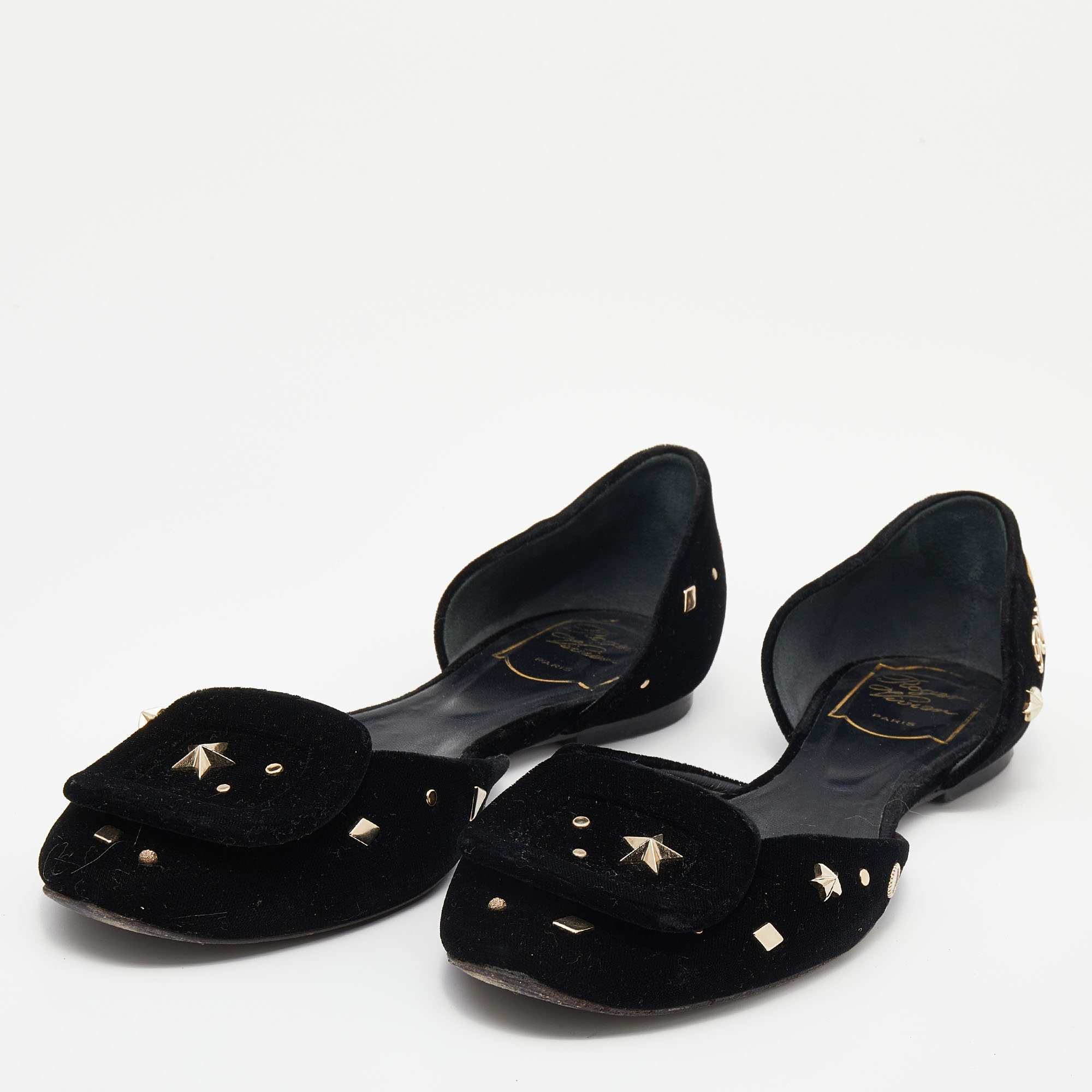 

Roger Vivier Black Velvet Studded Flat D'orsay Sandals Size
