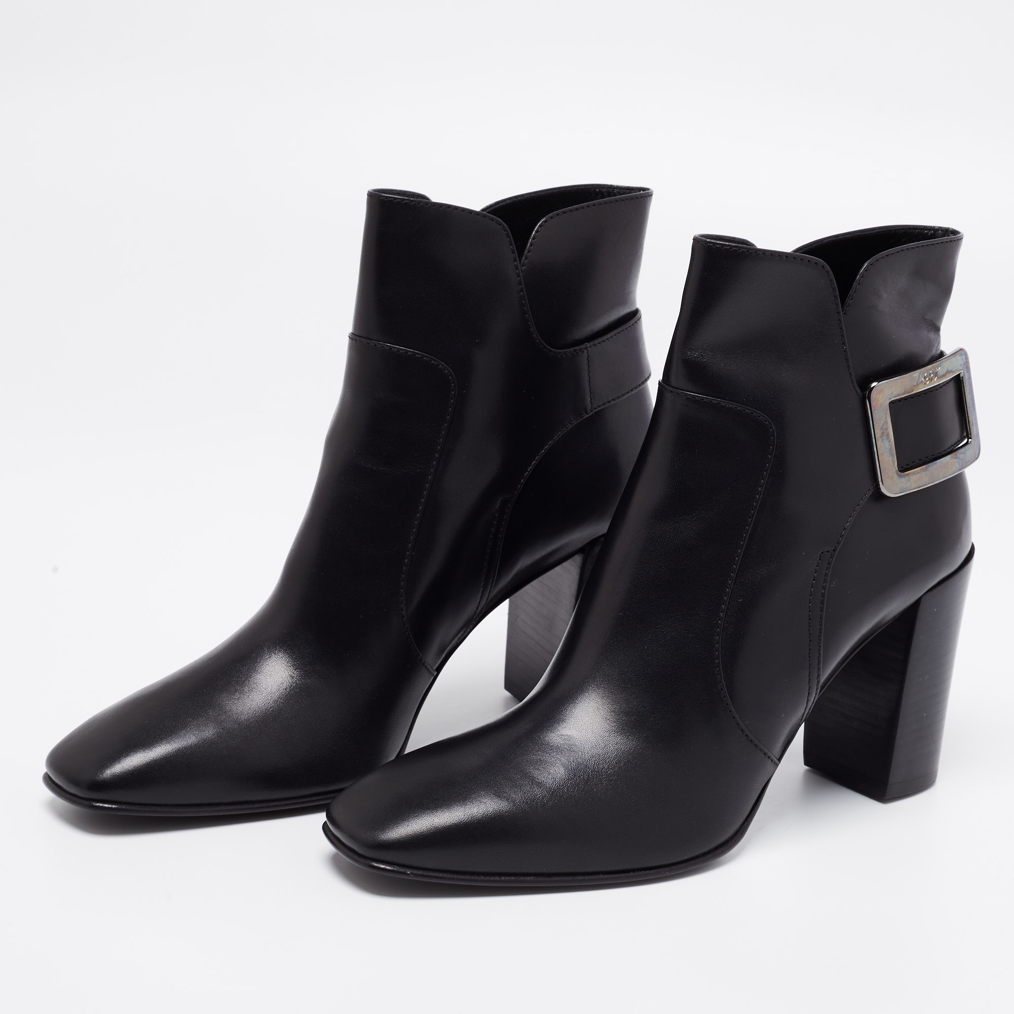 

Roger Vivier Black Leather Side Buckle Block Heel Ankle Length Boots Size