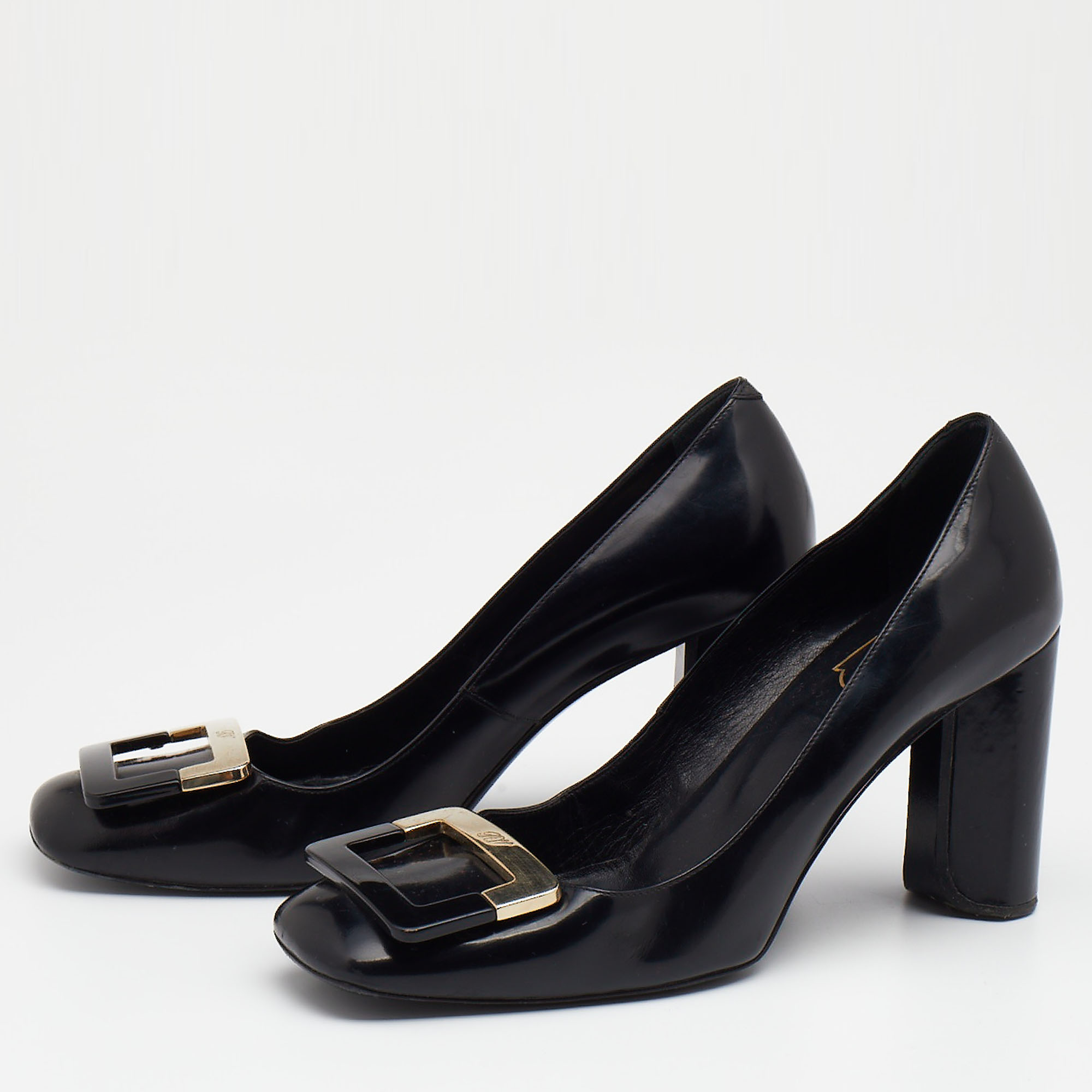 

Roger Vivier Black Leather Belle Metal Buckle Pumps Size