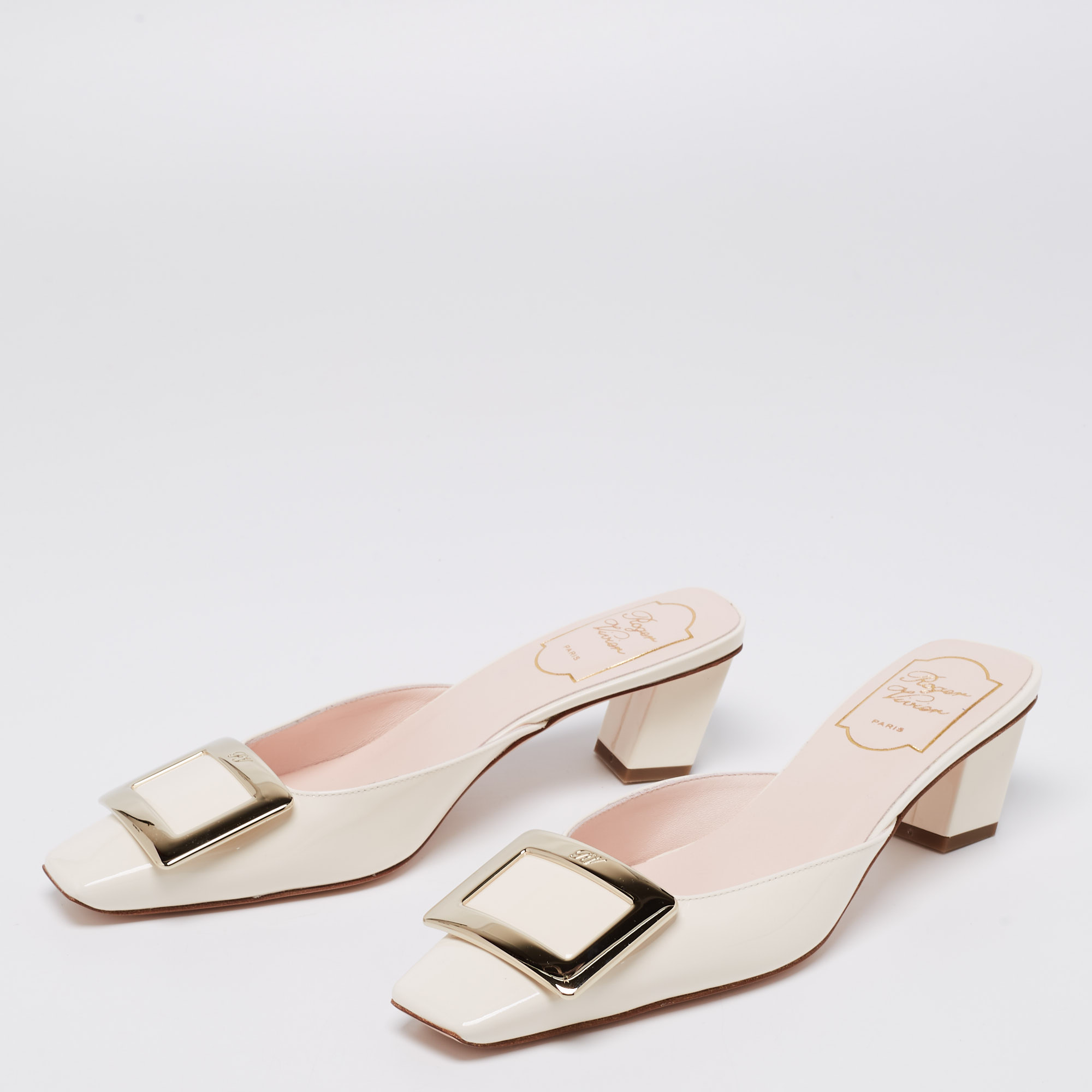 

Roger Vivier Cream Patent Leather Belle Vivier Mules Size, Beige