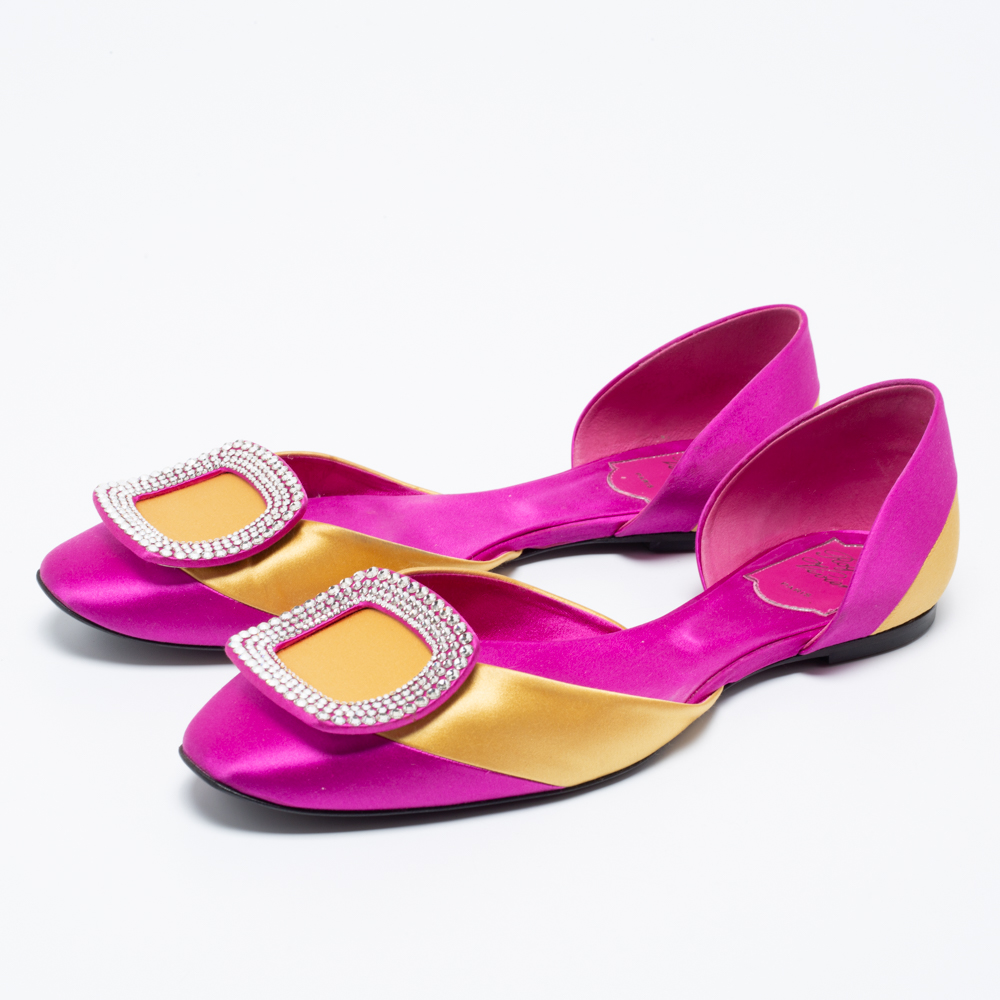 

Roger Vivier Magenta/Yellow Satin Crystal Embellished Chip Ballet Flats Size, Purple