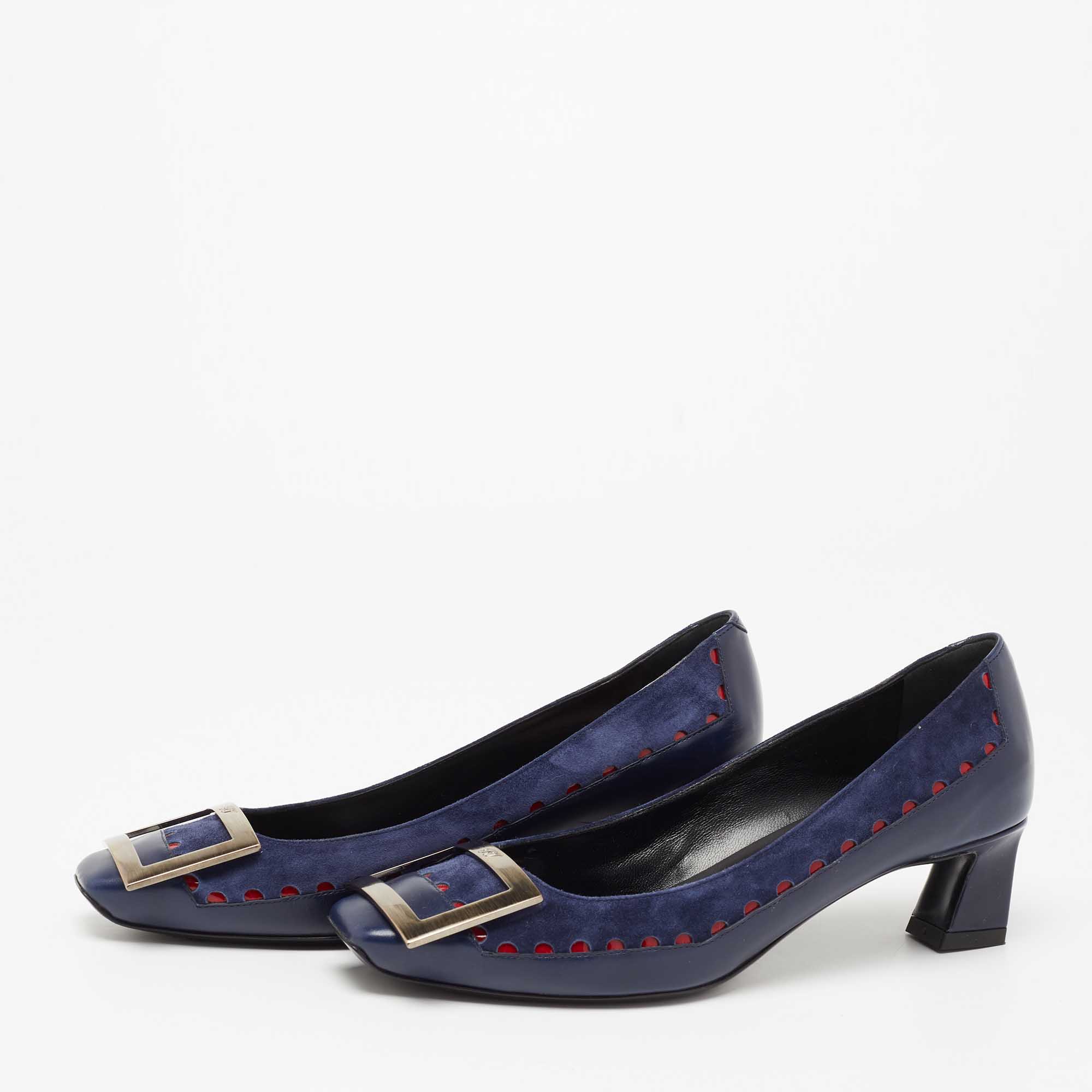 

Roger Vivier Navy Blue Laser Cut Suede and Leather Trompette Pumps Size