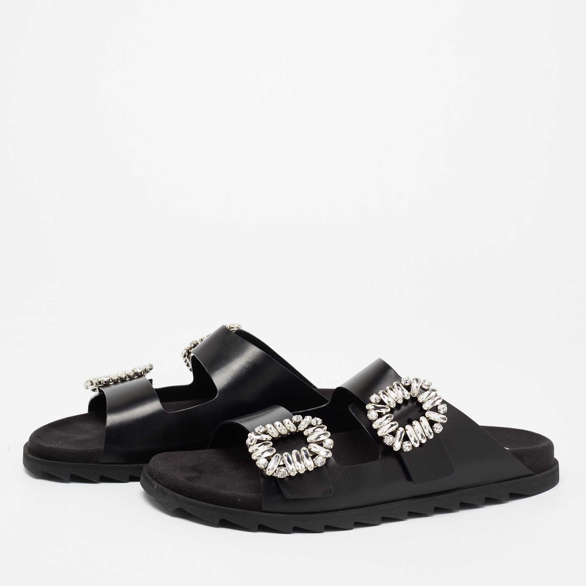 

Roger Vivier Black Leather Crystal Embellished Buckle Slide Sandals Size