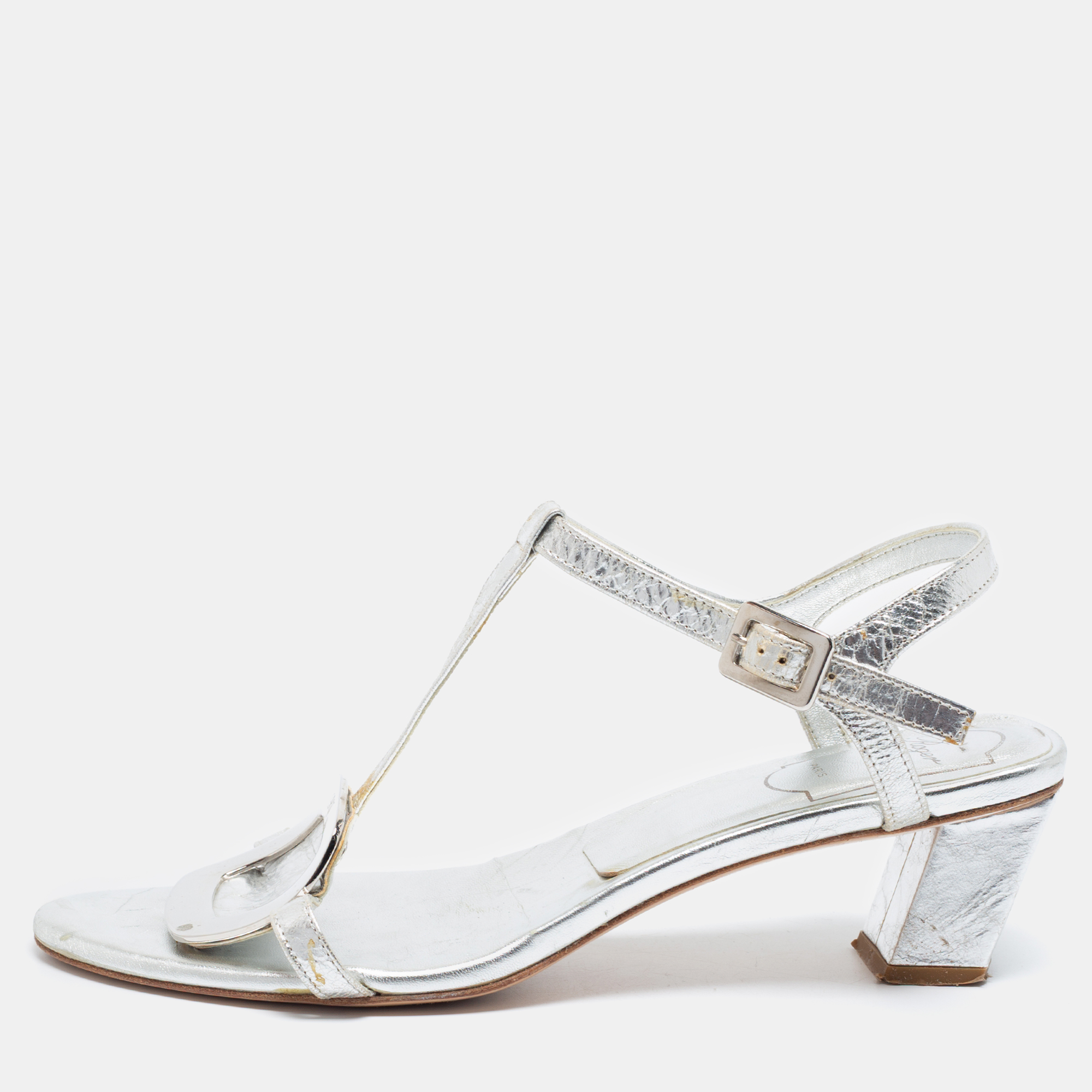 Pre-owned Roger Vivier Silver Metallic Silver Leather Ankle Strap Sandals Size 37