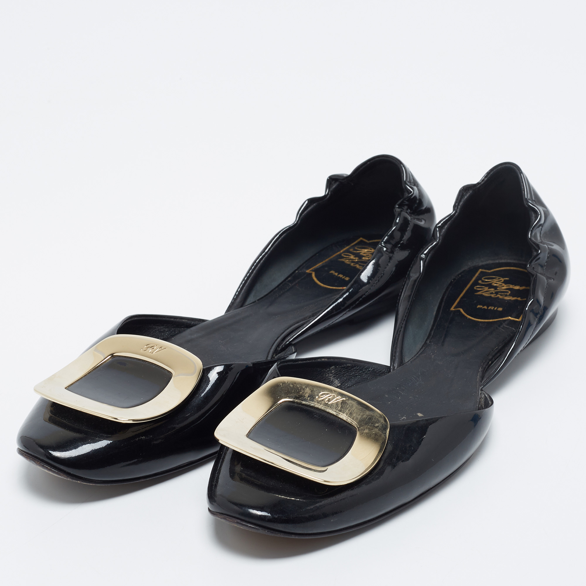 

Roger Vivier Black Patent Leather Chips D'Orsay Buckle Flats Size