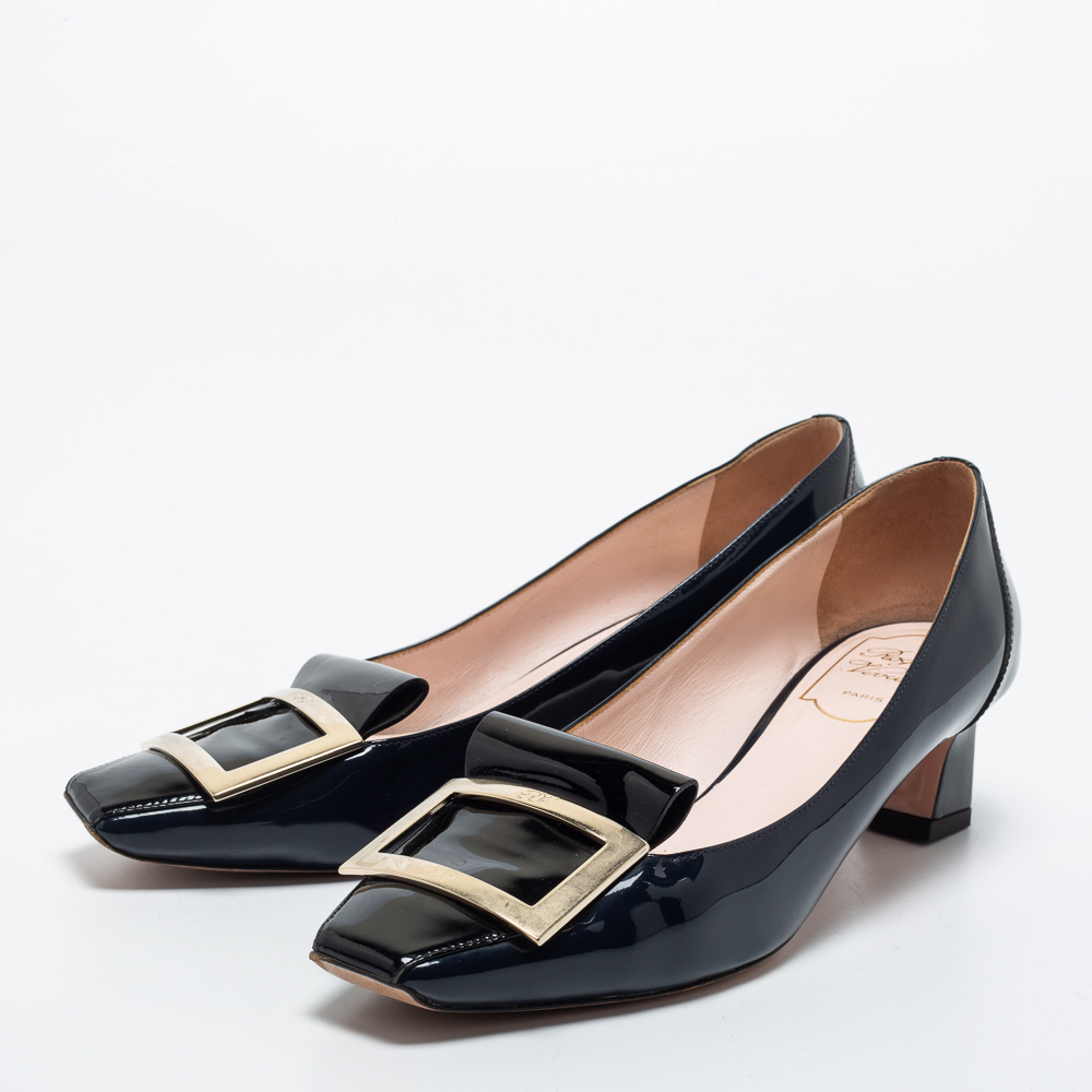 

Roger Vivier Black/Navy Blue Patent Leather Buckle Detail Pumps Size