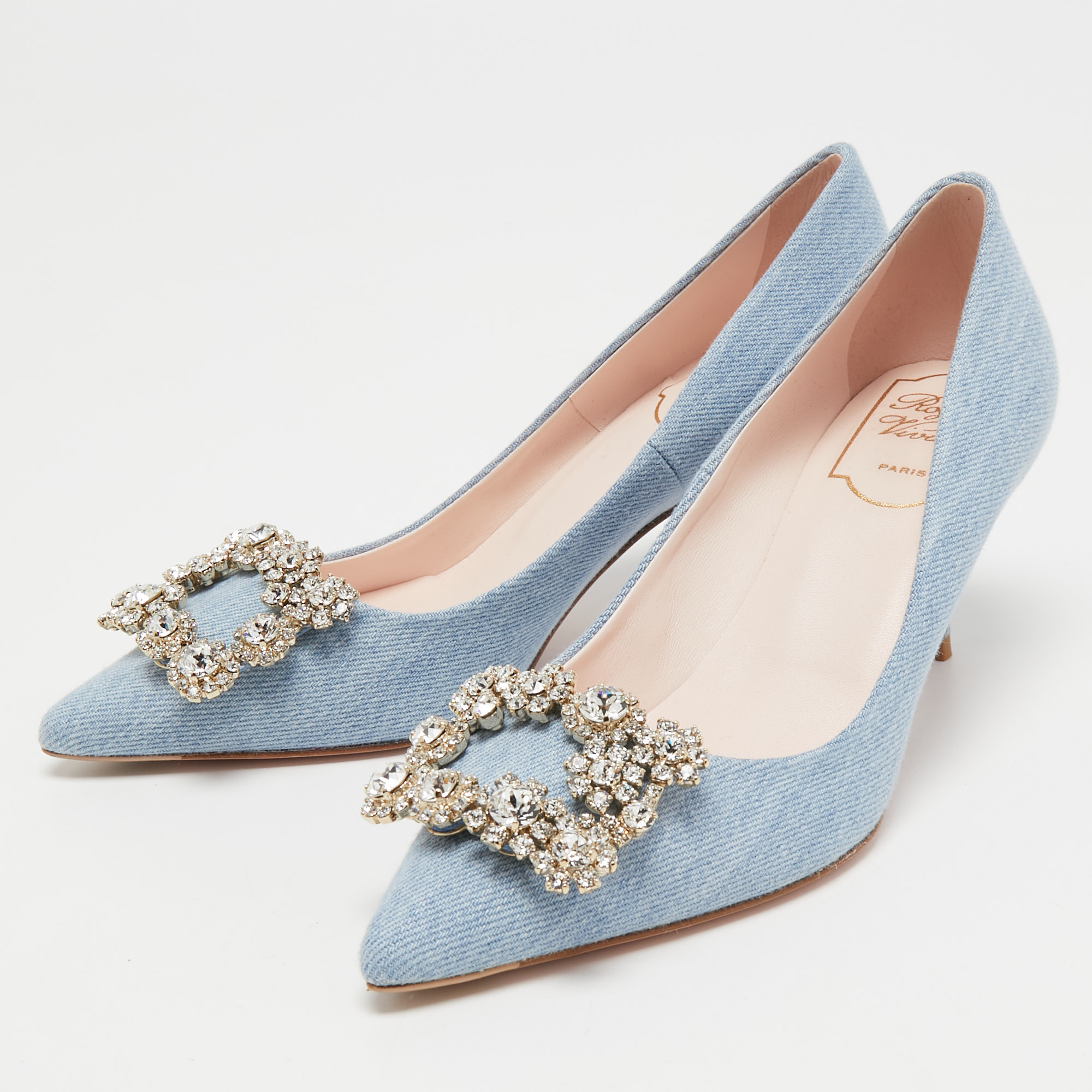 

Roger Vivier Light Blue Denim Crystal Embellished Pointed Toe Pumps Size