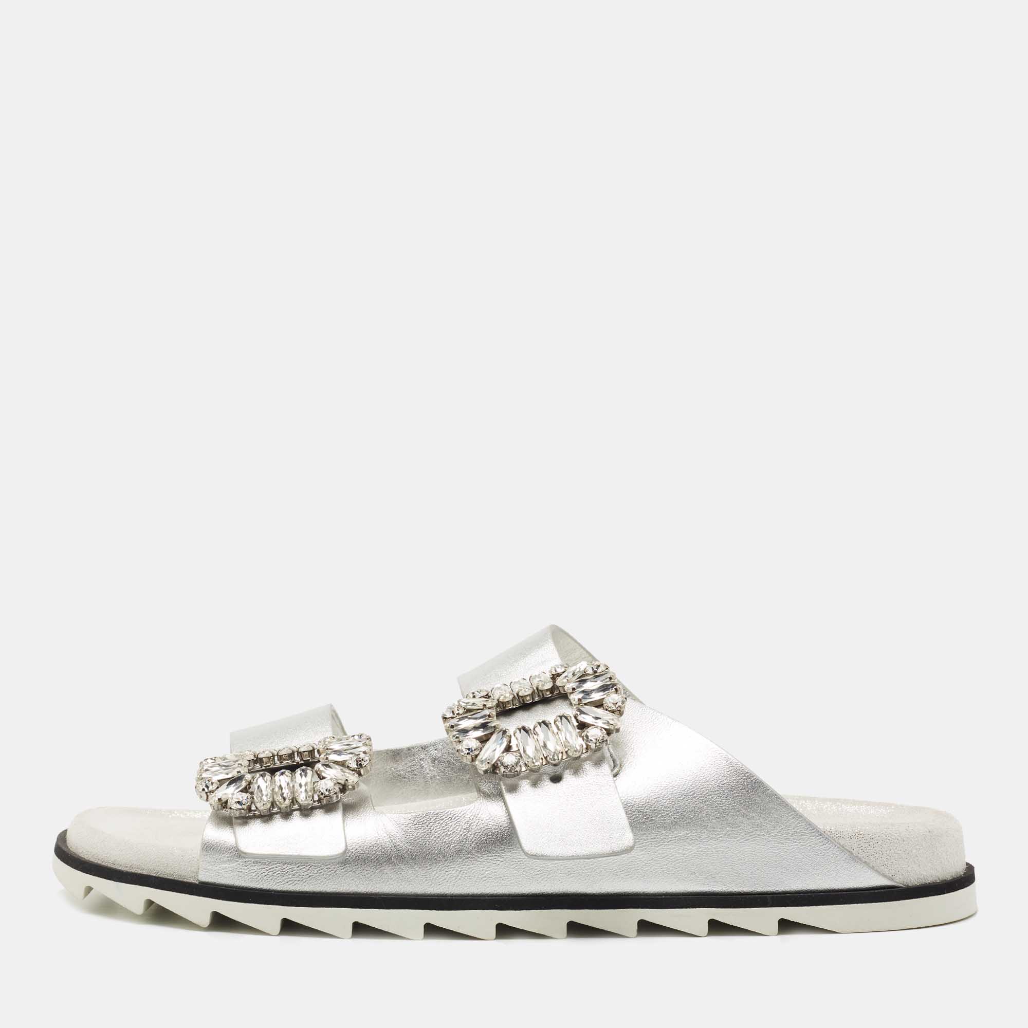 Roger Vivier Grey/Silver Leather and Suede Slidy Viv Slide Flats Size 39