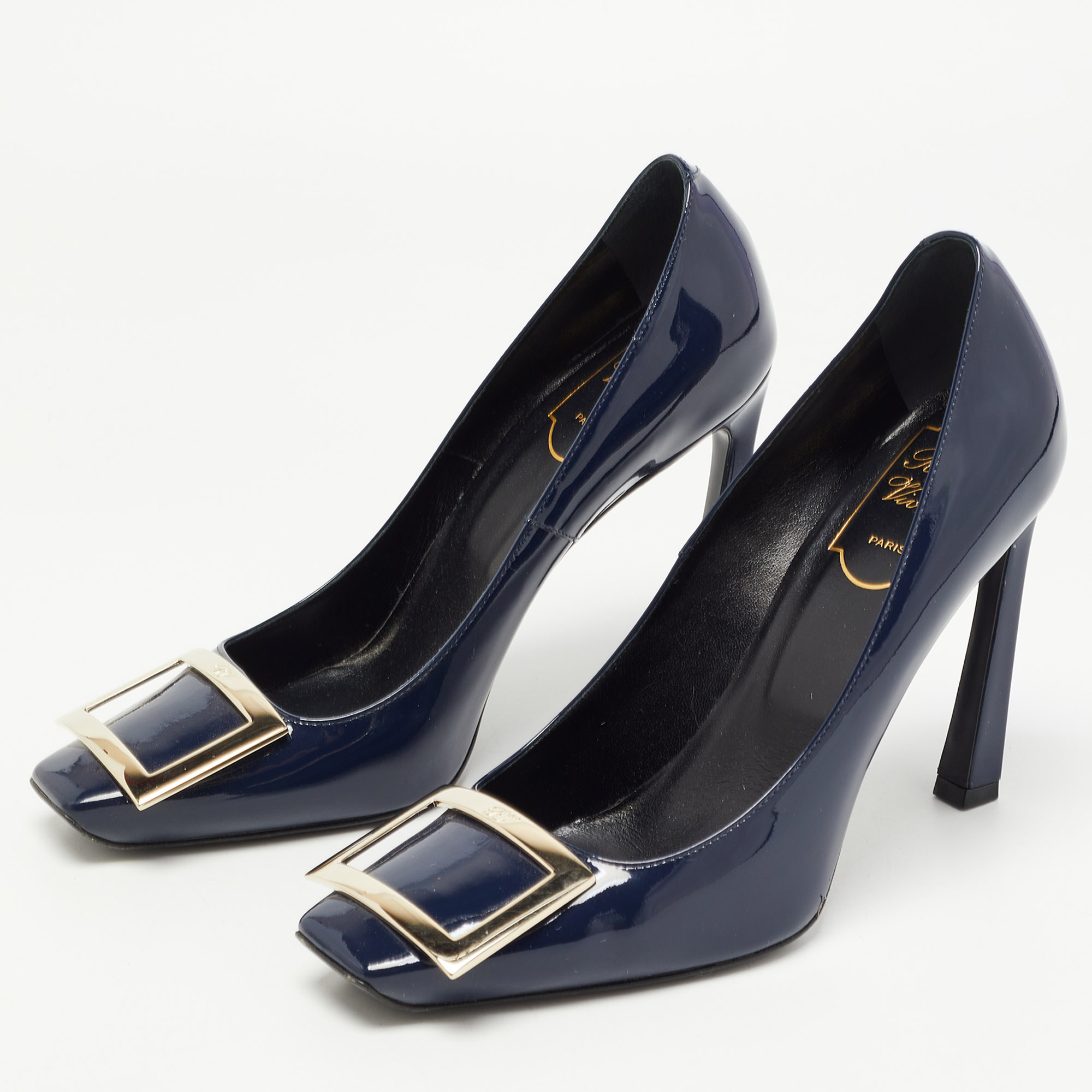 

Roger Vivier Navy Blue Patent Leather Trompette Pumps Size