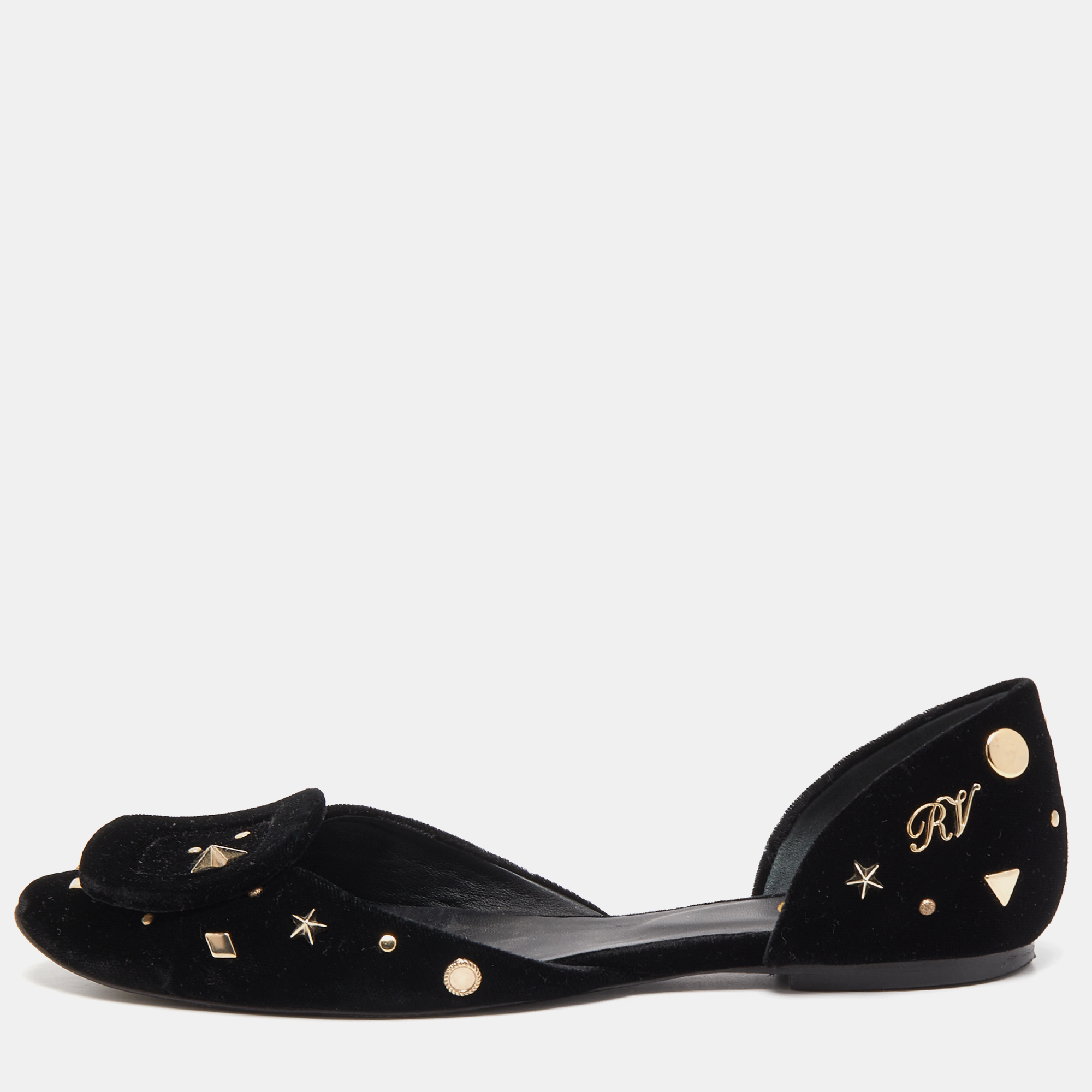 Pre Owned Roger Vivier Black Velvet Crystal Embellished D'orsay Ballet Flats Size 37.5
