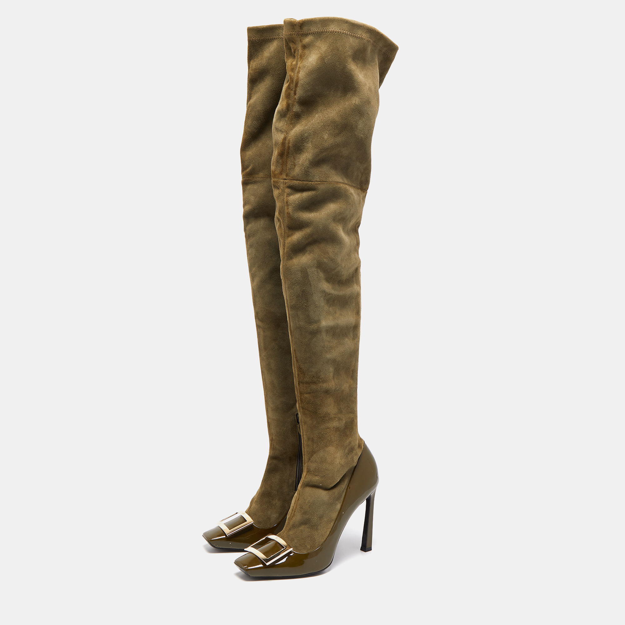 

Roger Vivier Olive Green Patent Leather and Suede Over The Knee Length Boots Size