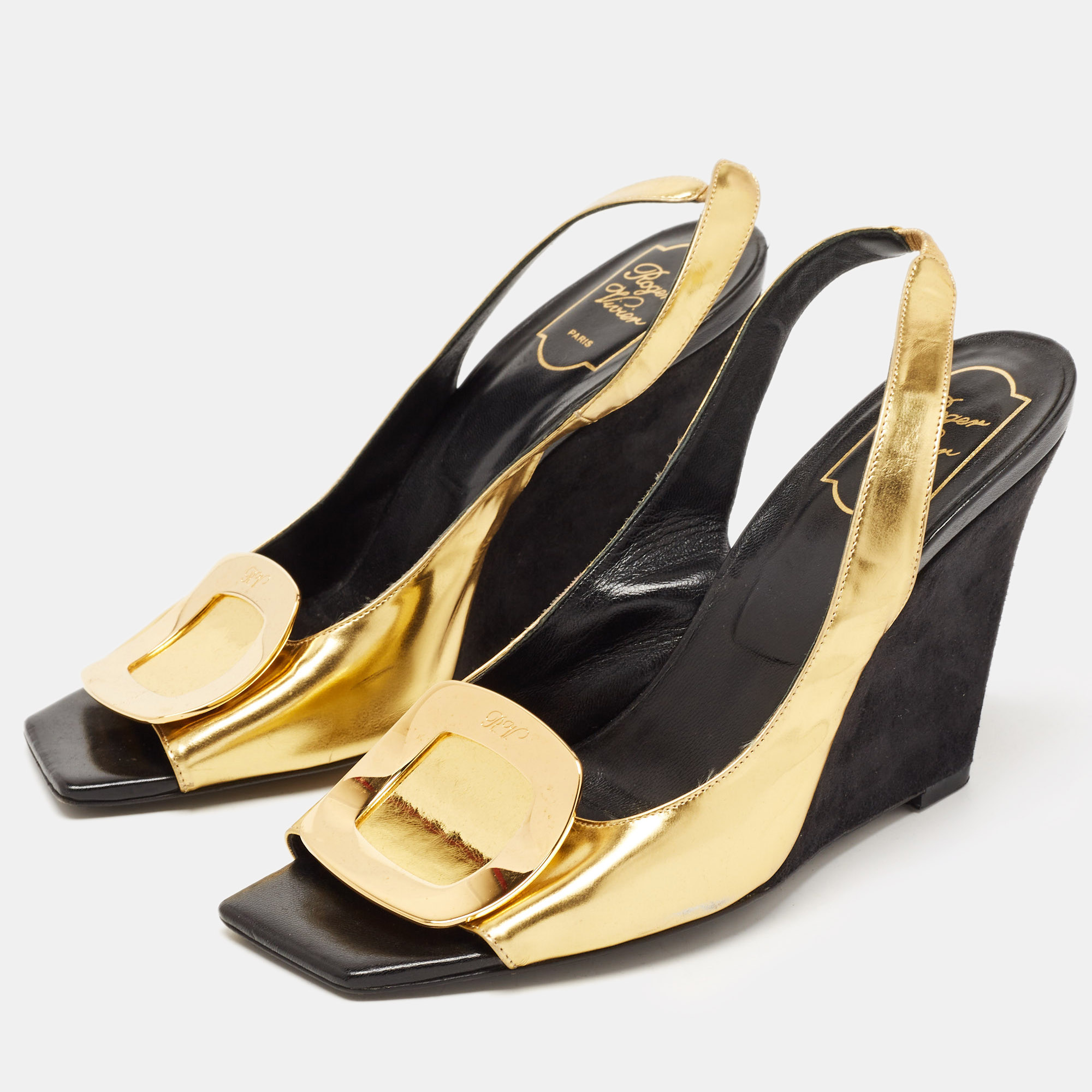 

Roger Vivier Gold Leather Buckle Wedge Slingback Sandals Size