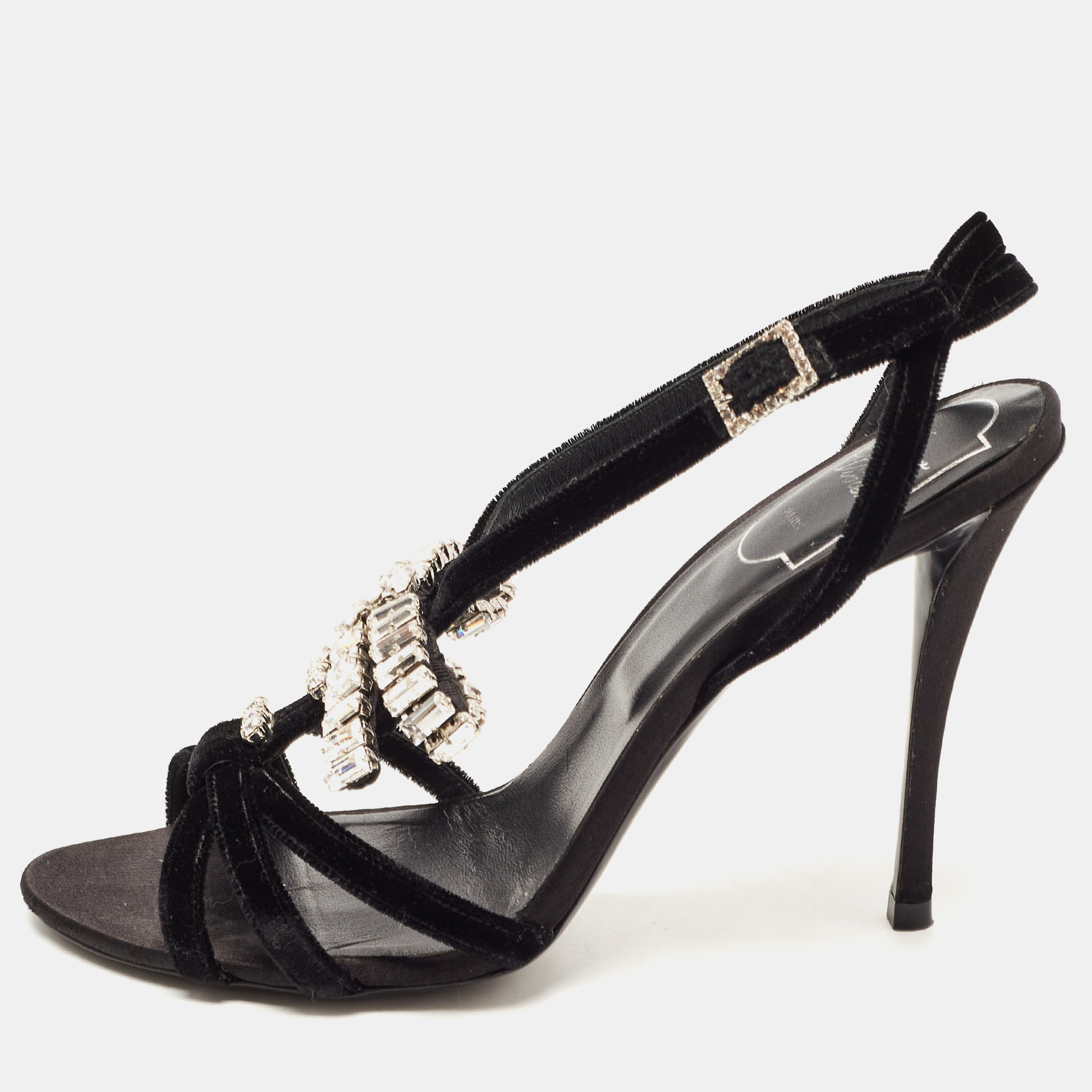 Pre-owned Roger Vivier Black Velvet Crystal Embellished Bow Sandals Size 37