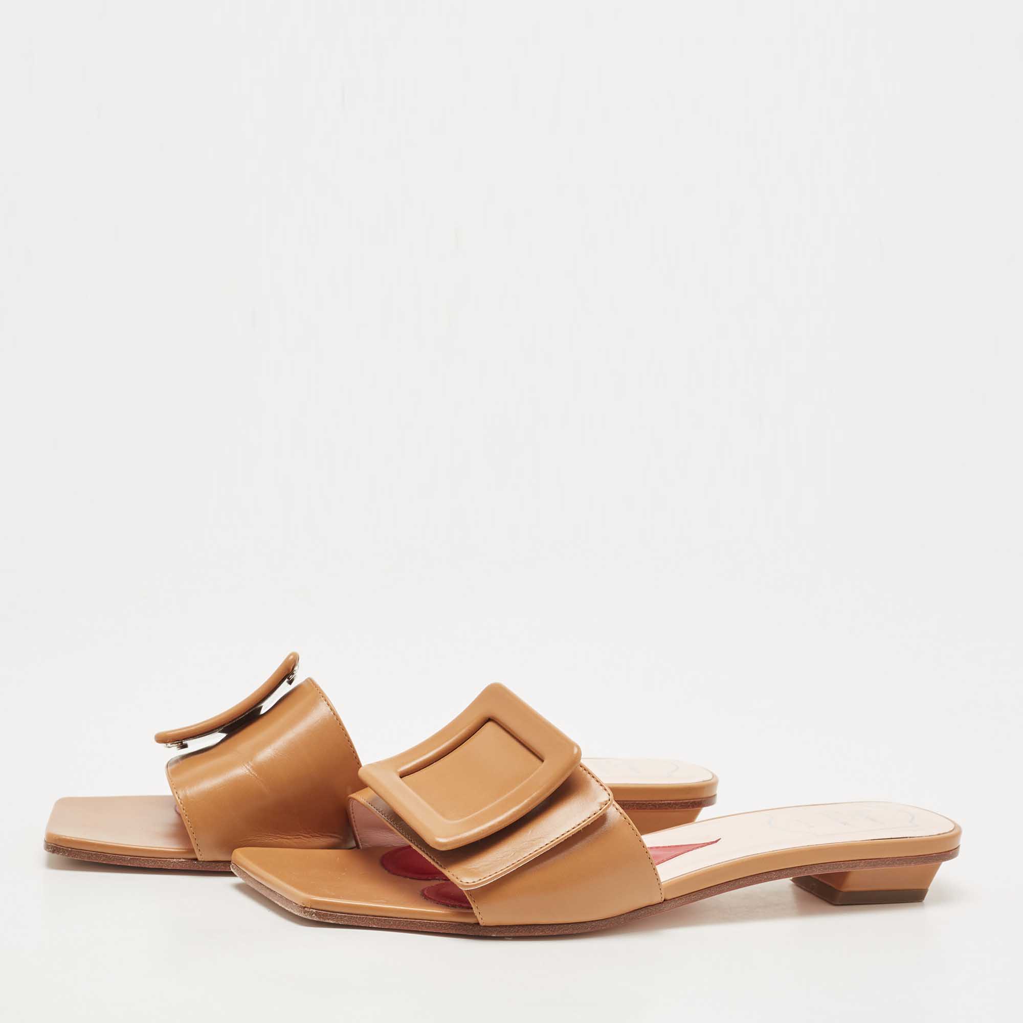 

Roger Vivier Brown Leather Buckle Slides Size