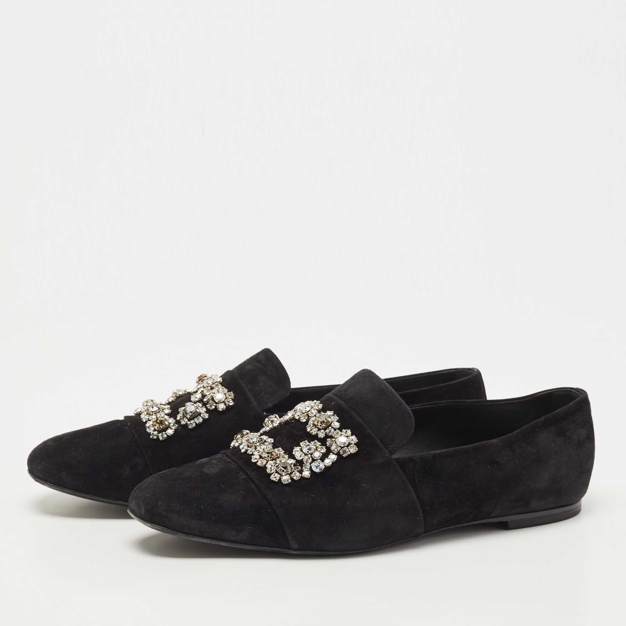 

Roger Vivier Black Suede and Crystal Flower Strass Loafers Size