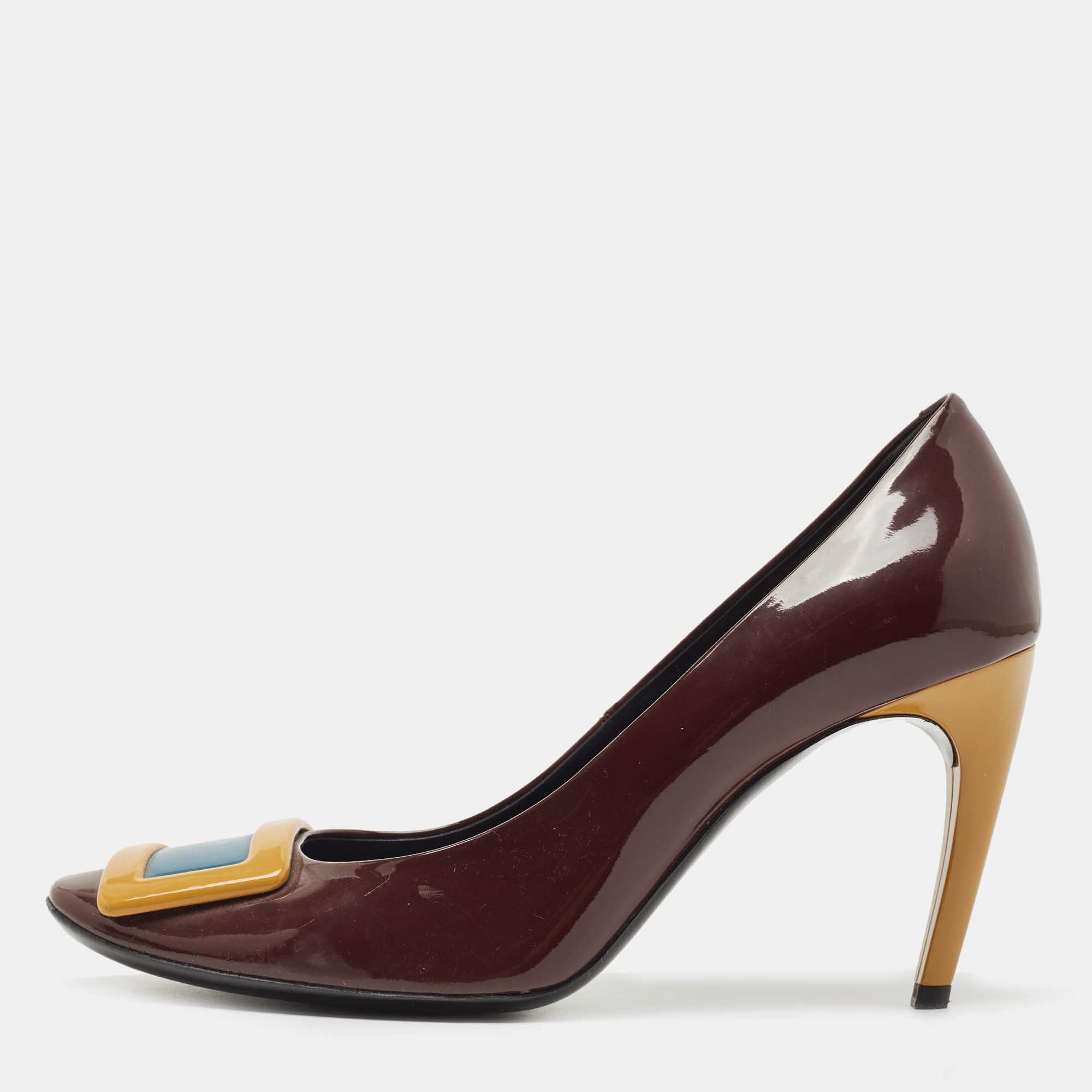 Pre-owned Roger Vivier Burdundy Patent Leather Belle Square Toe Pumps Size 40 In Burgundy