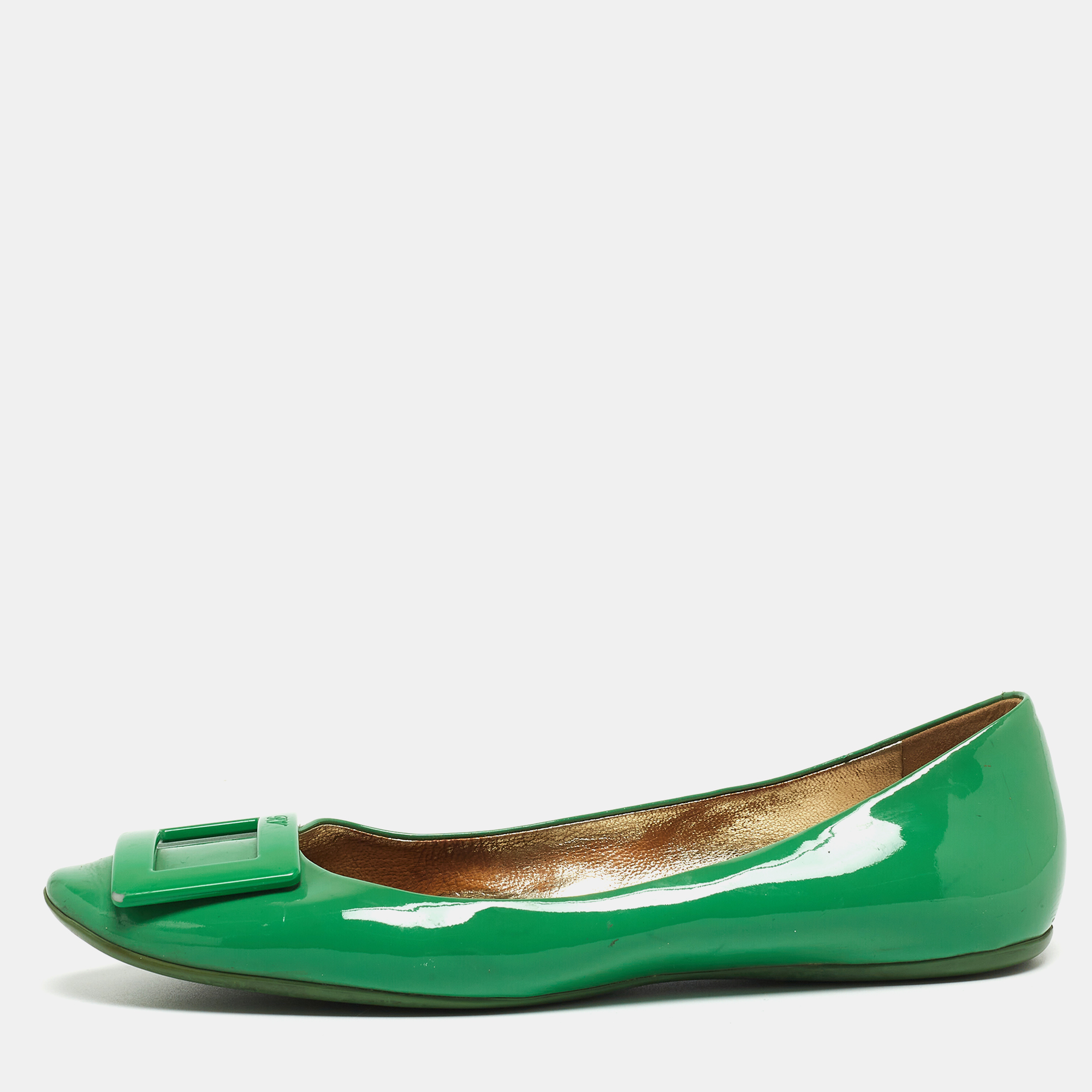 Pre-owned Roger Vivier Green Patent Leather Gommette Ballet Flats Size 38.5