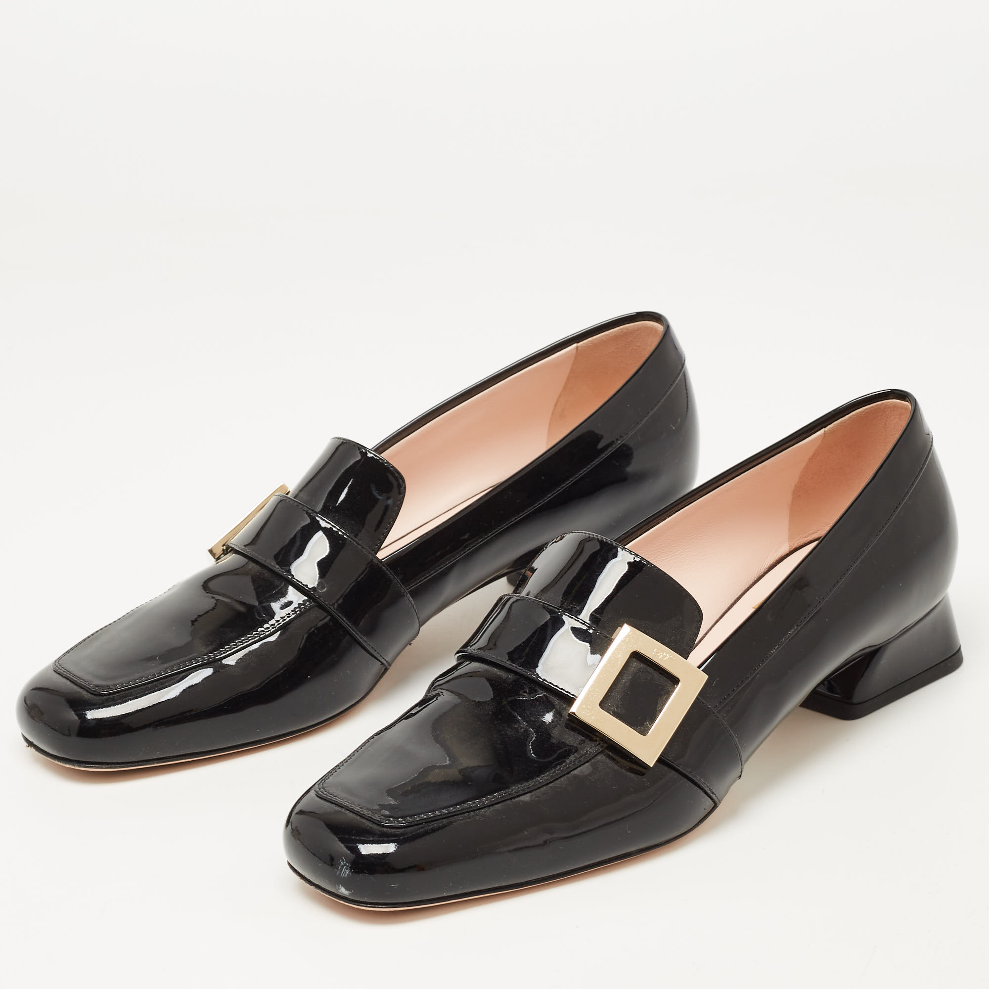 

Roger Vivier Black Patent Leather Buckle Detail Square Cap Toe Pumps Size