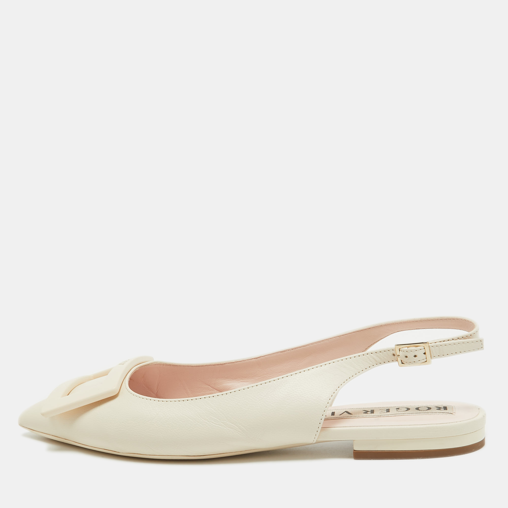 

Roger Vivier Cream Leather Gommette Slingback Flat Sandals Size