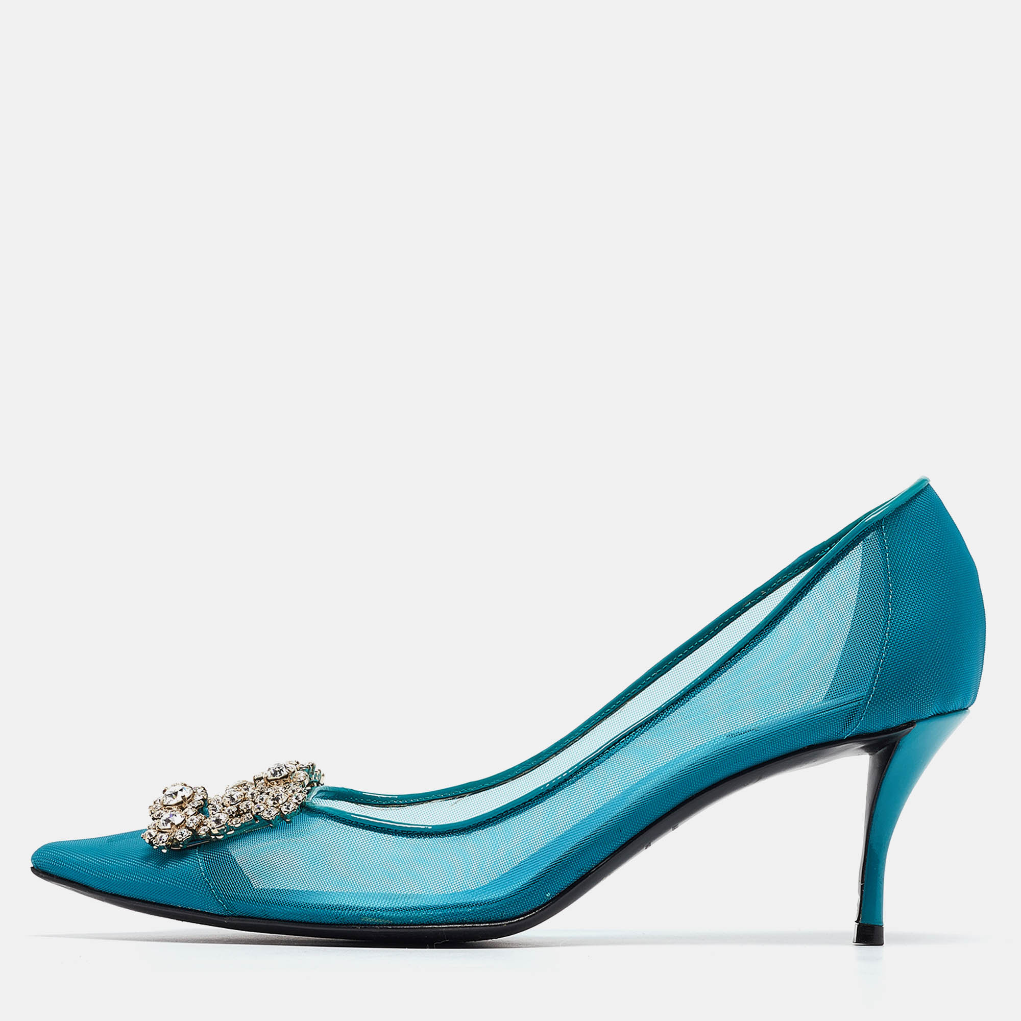 

Roger Teal Mesh and Patent Leather Vivier Strass Pumps Size, Blue