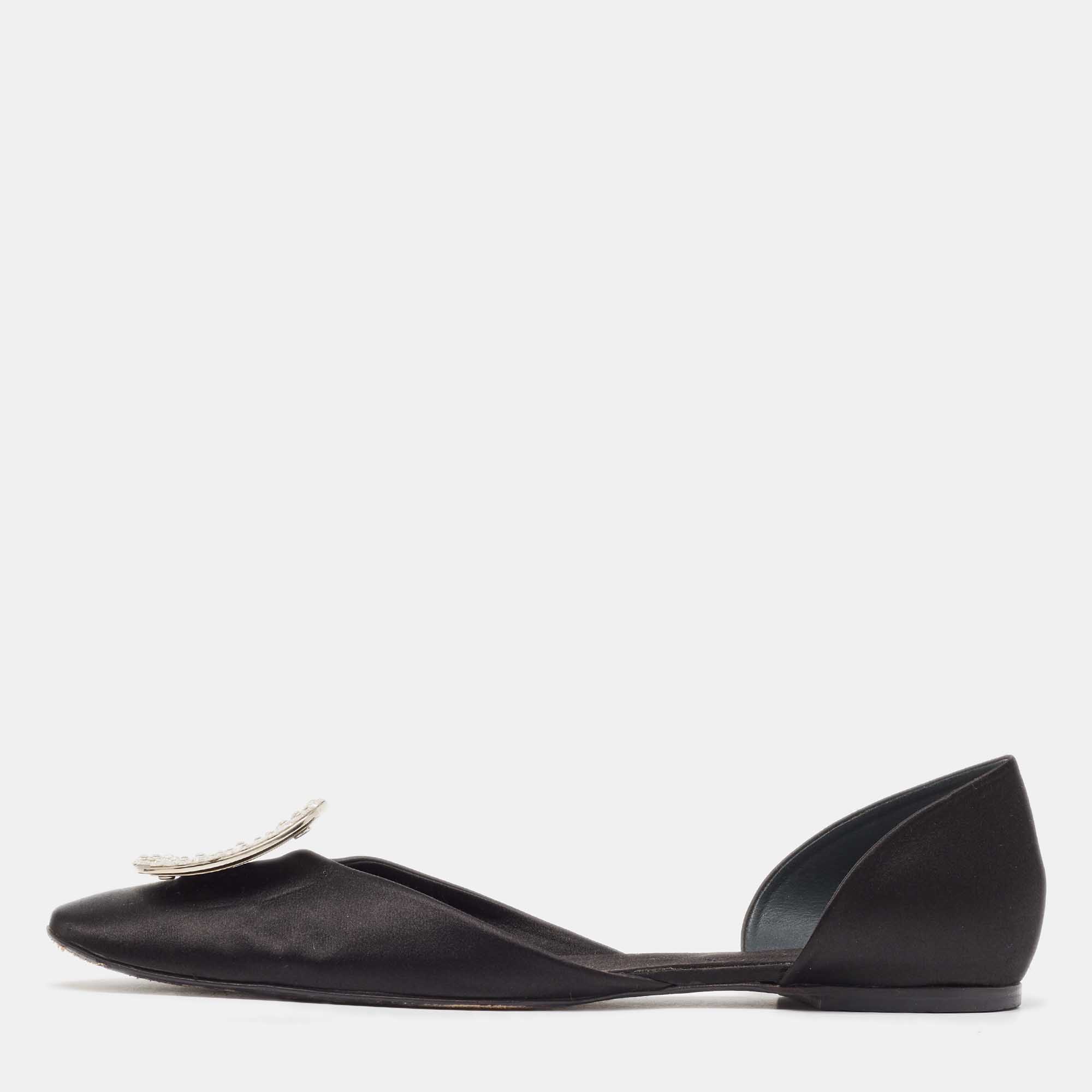 

Roger Vivier Black Satin Chip Strass D'orsay Flats Size