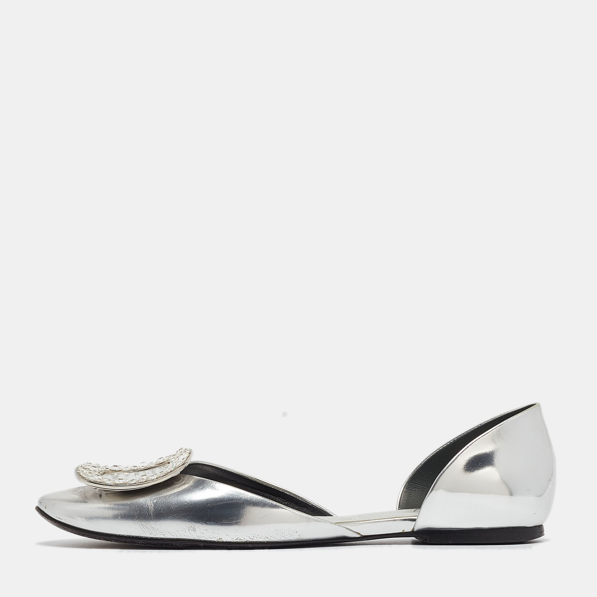 

Roger Vivier Silver Leather Strass Chips D'orsay Flats Size