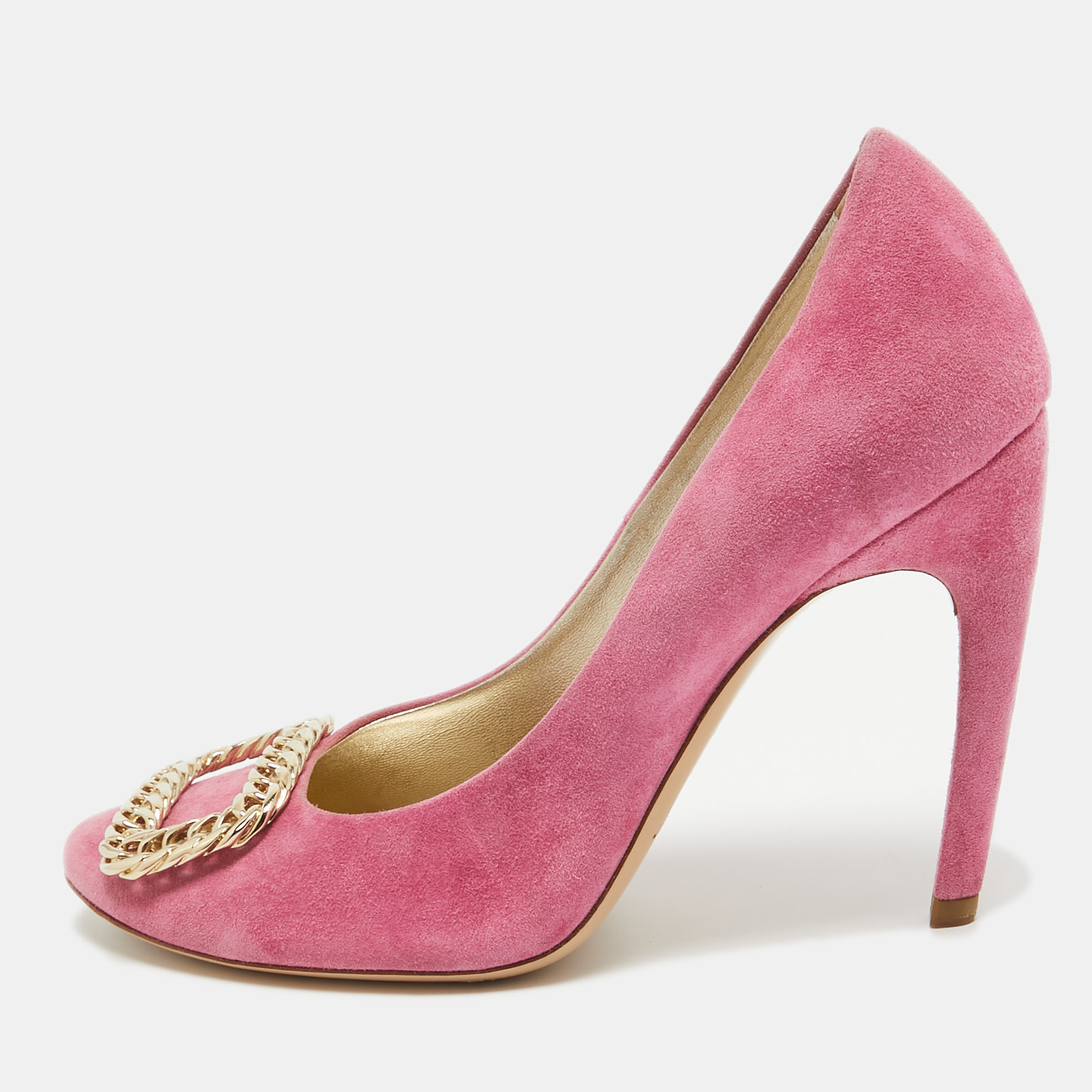 

Roger Vivier Pink Suede Chain Buckle Round Toe Pumps Size