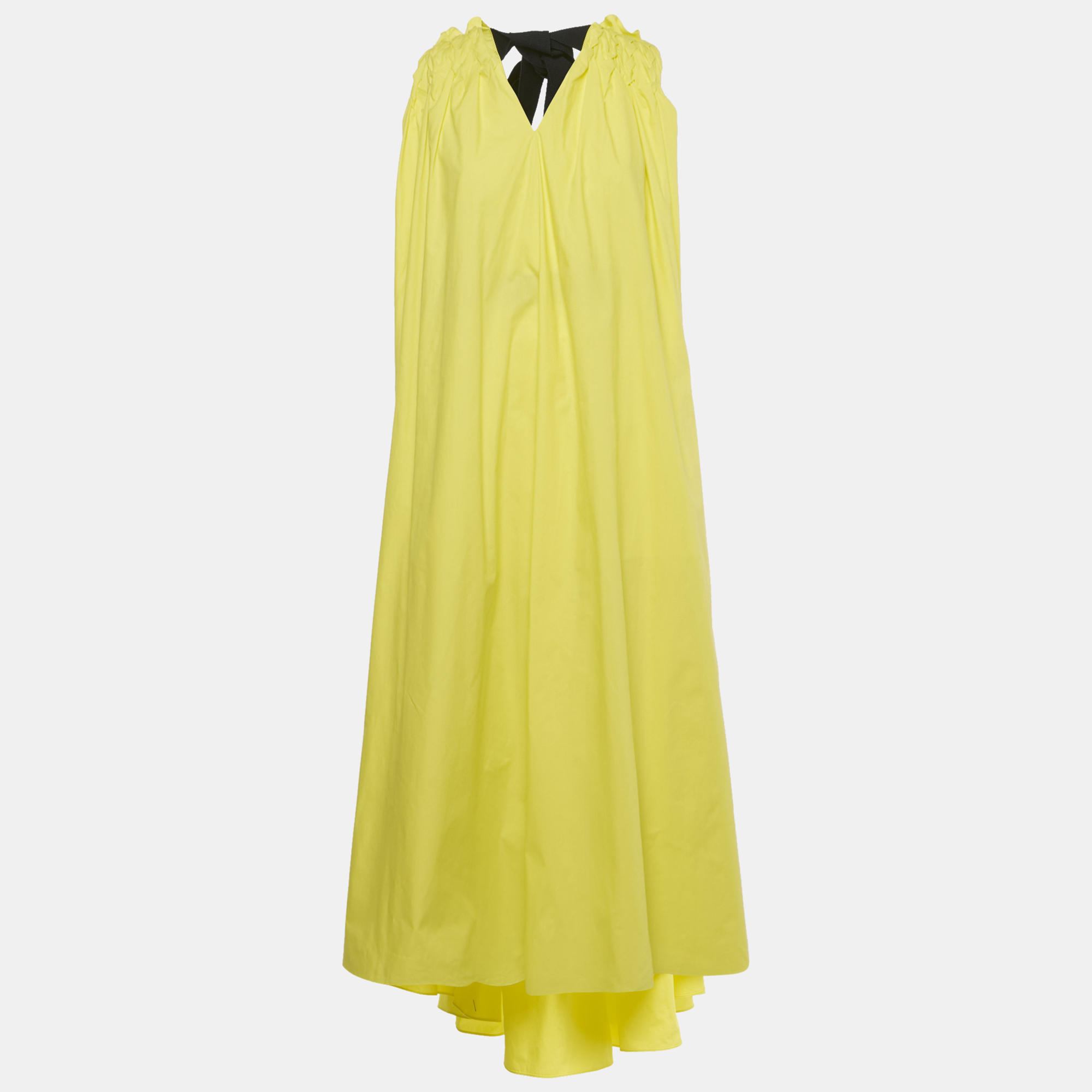 

Roksanda Yellow Poplin Shirring Trim Flared Long Dress M