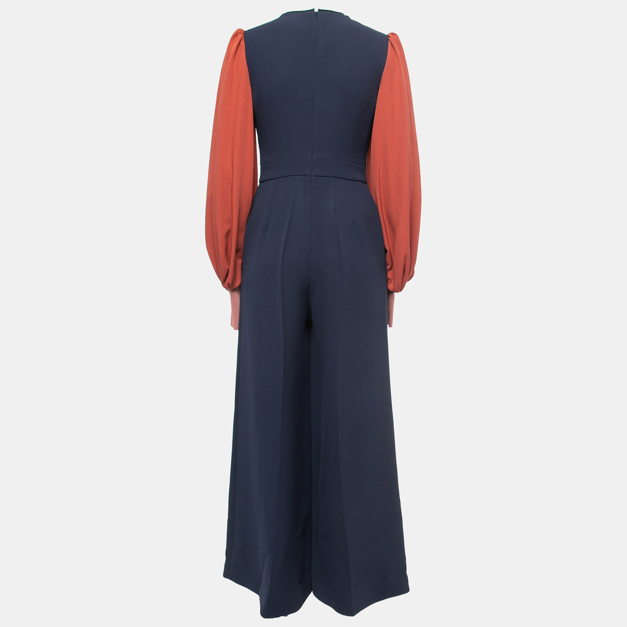 

Roksanda Navy Blue Crepe Contrast Balloon Sleeve Wide Leg Jumpsuit