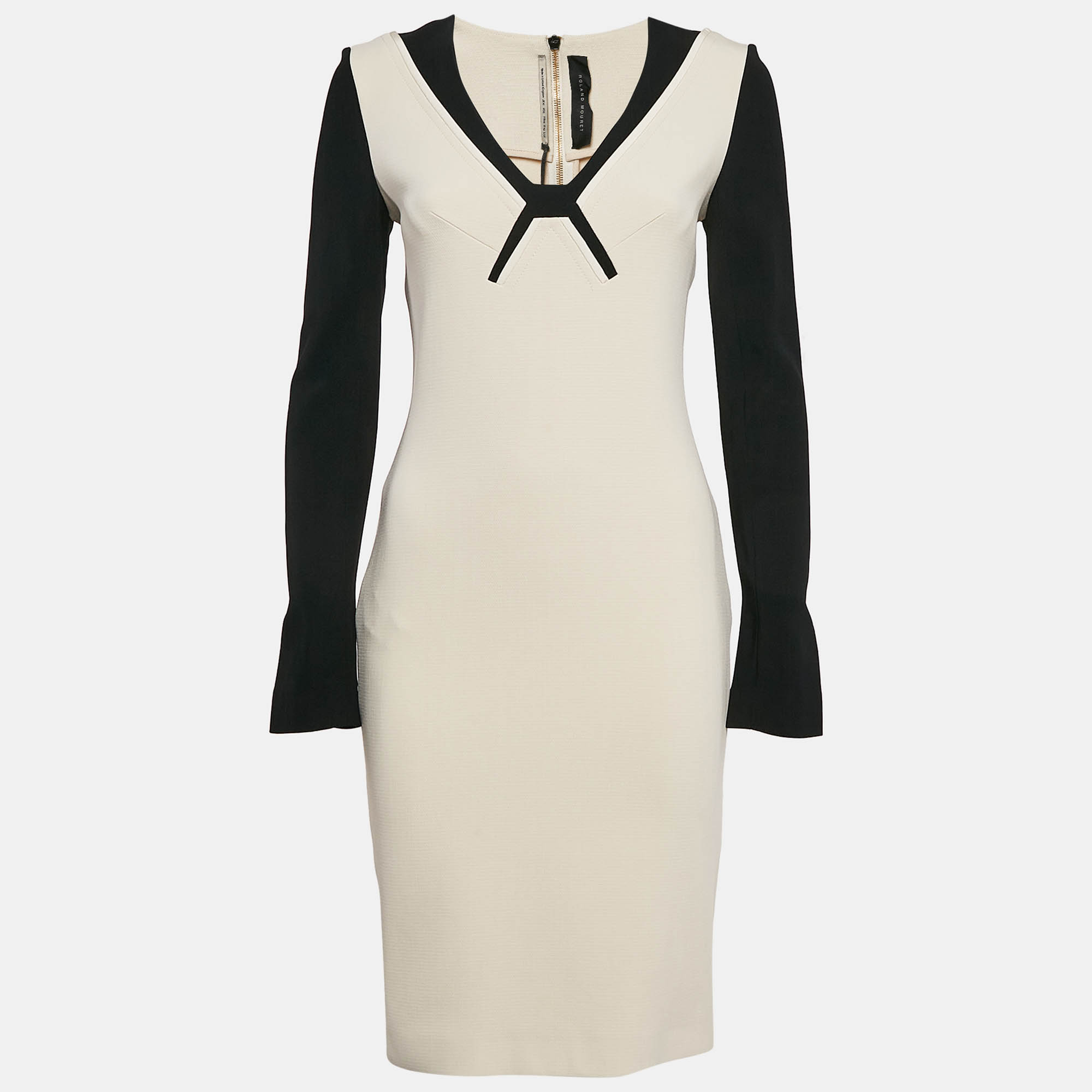 

Roland Mouret Beige/Black Crepe Long Sleeve Sheath Dress M