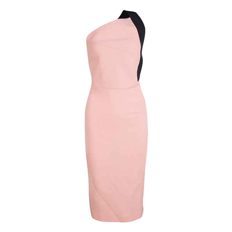 Pre Owned Roland Mouret Peach Contrast One Shoulder Wool Dress S