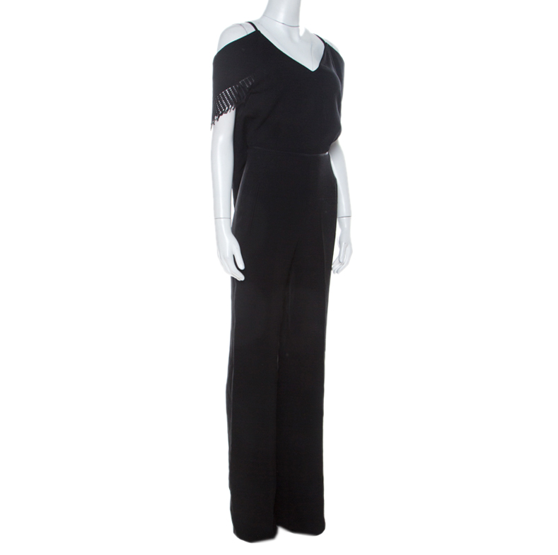 

Roland Mouret Black Wool Crepe Cold Shoulder Fringed Burnstein Jumpsuit