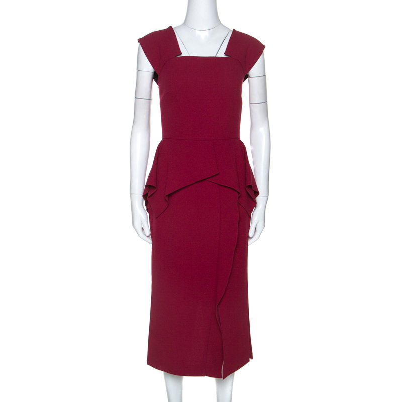 Pre Owned Roland Mouret Burgundy Wool Crepe Peplum Sawleigh Dress M
