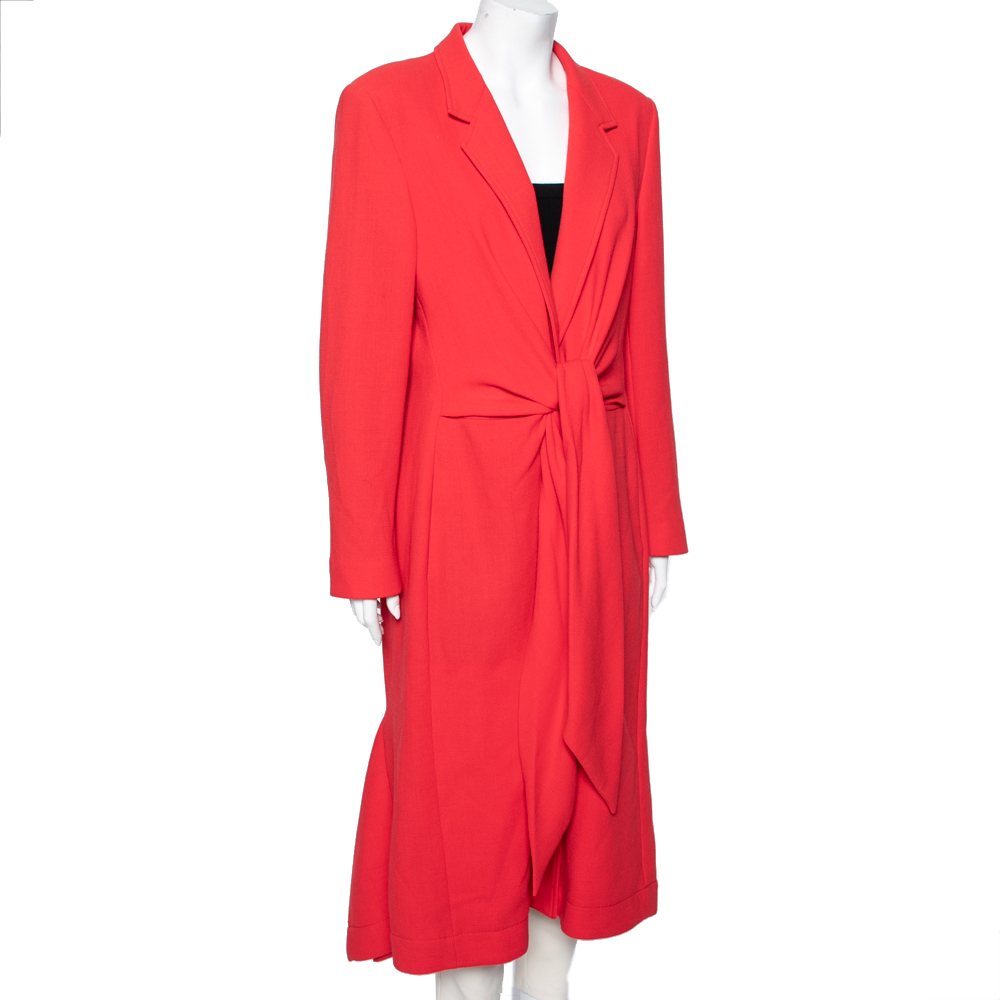 

Roland Mouret Coral Red Wool Crepe Front Tie Detailed Hollywell Coat