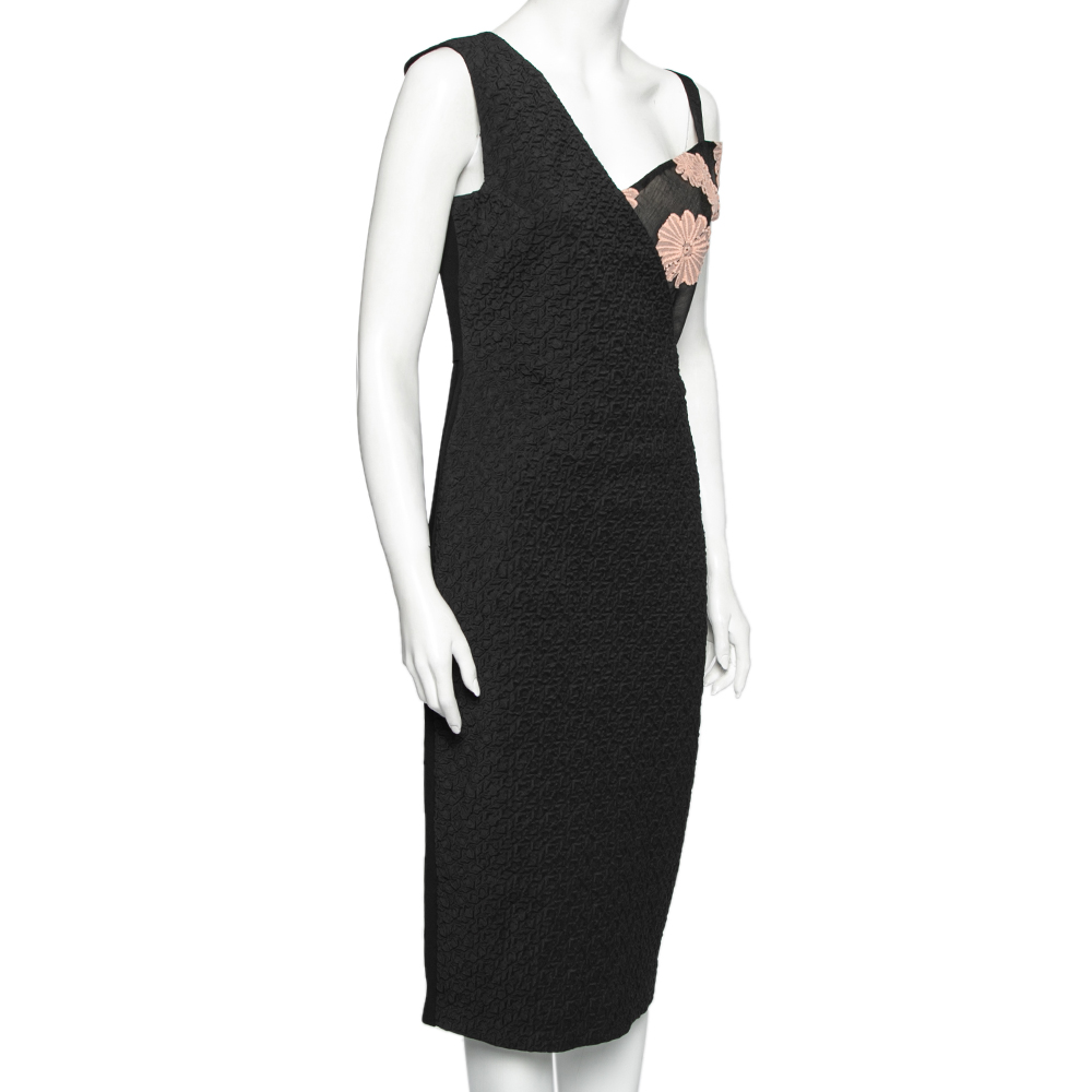 

Roland Mouret Black Cotton Daisy Appliqué Detail Off Shoulder Camley Dress