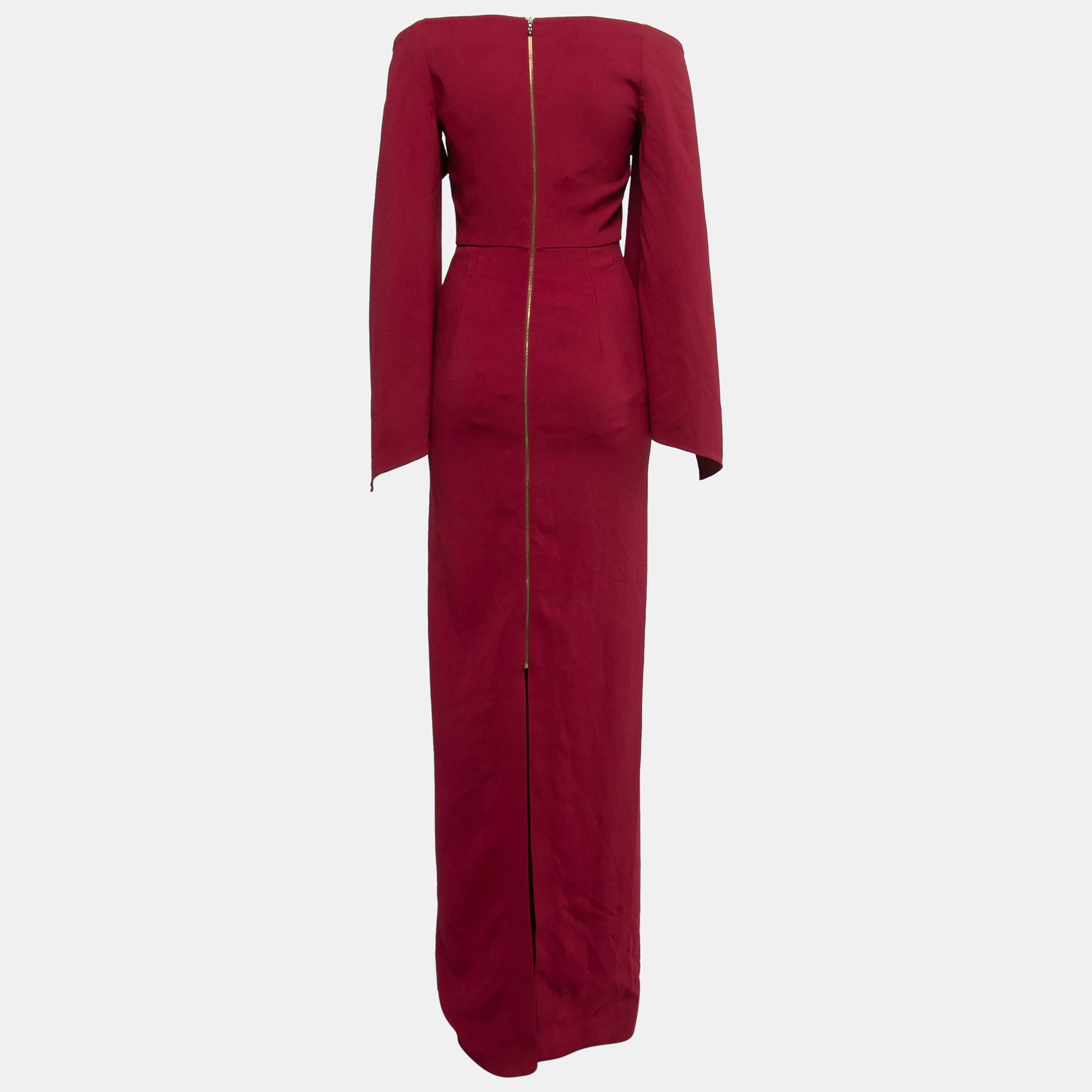 

Roland Mouret Burgundy Crepe Ruffle Sleeve Slit Detail Cheveley Gown