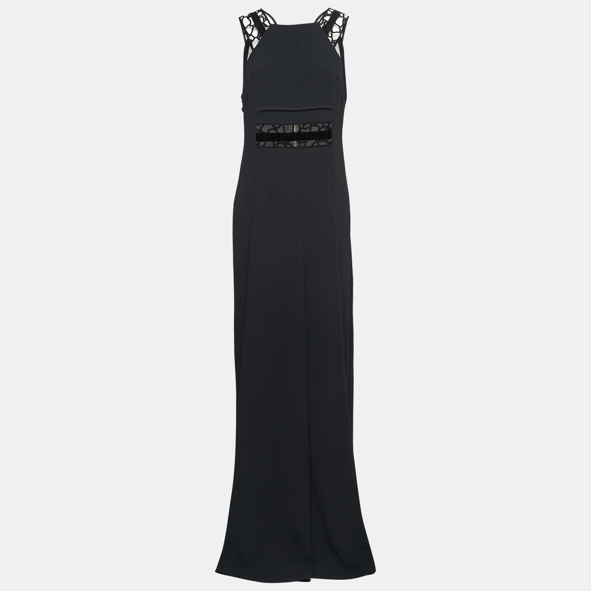 

Roland Mouret Black Crepe Lace Inset Vasall Long Dress