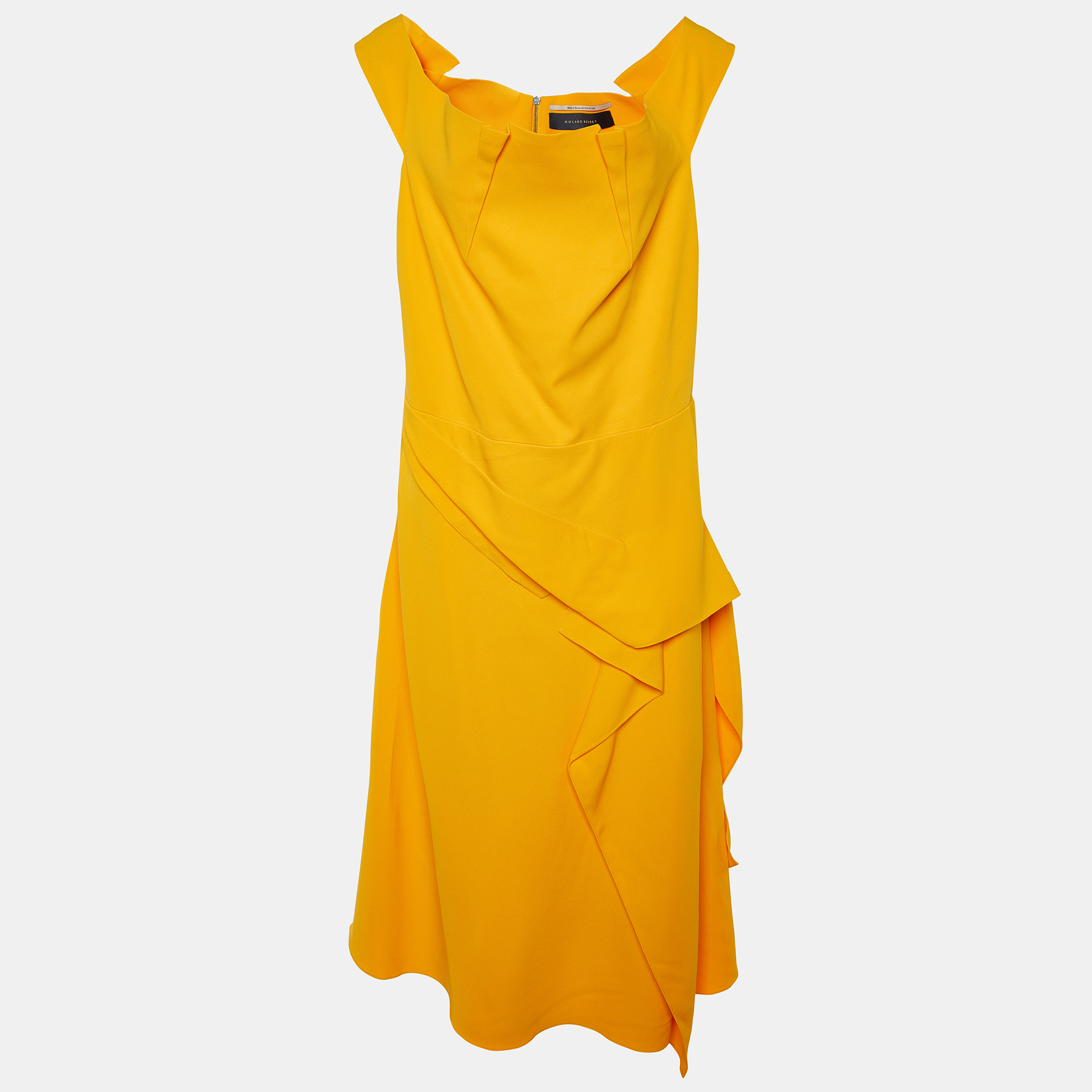 

Roland Mouret Marigold Yellow Stretch Crepe Off Shoulder Arch Dress