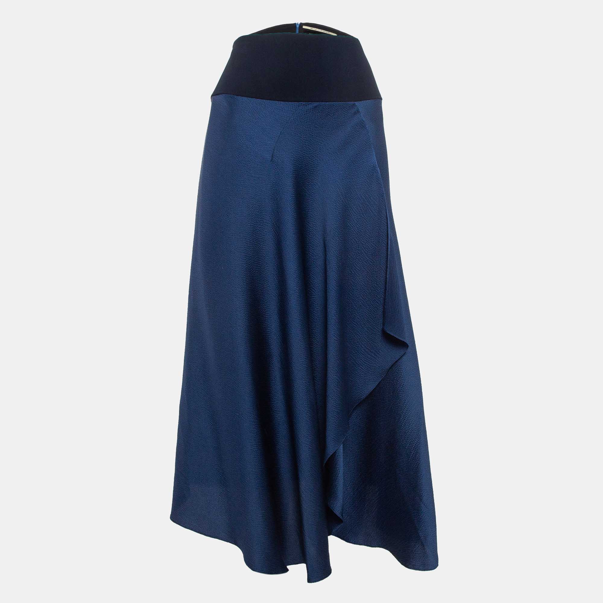 Pre-owned Roland Mouret Navy Blue Draped Silk Midi Skirt L