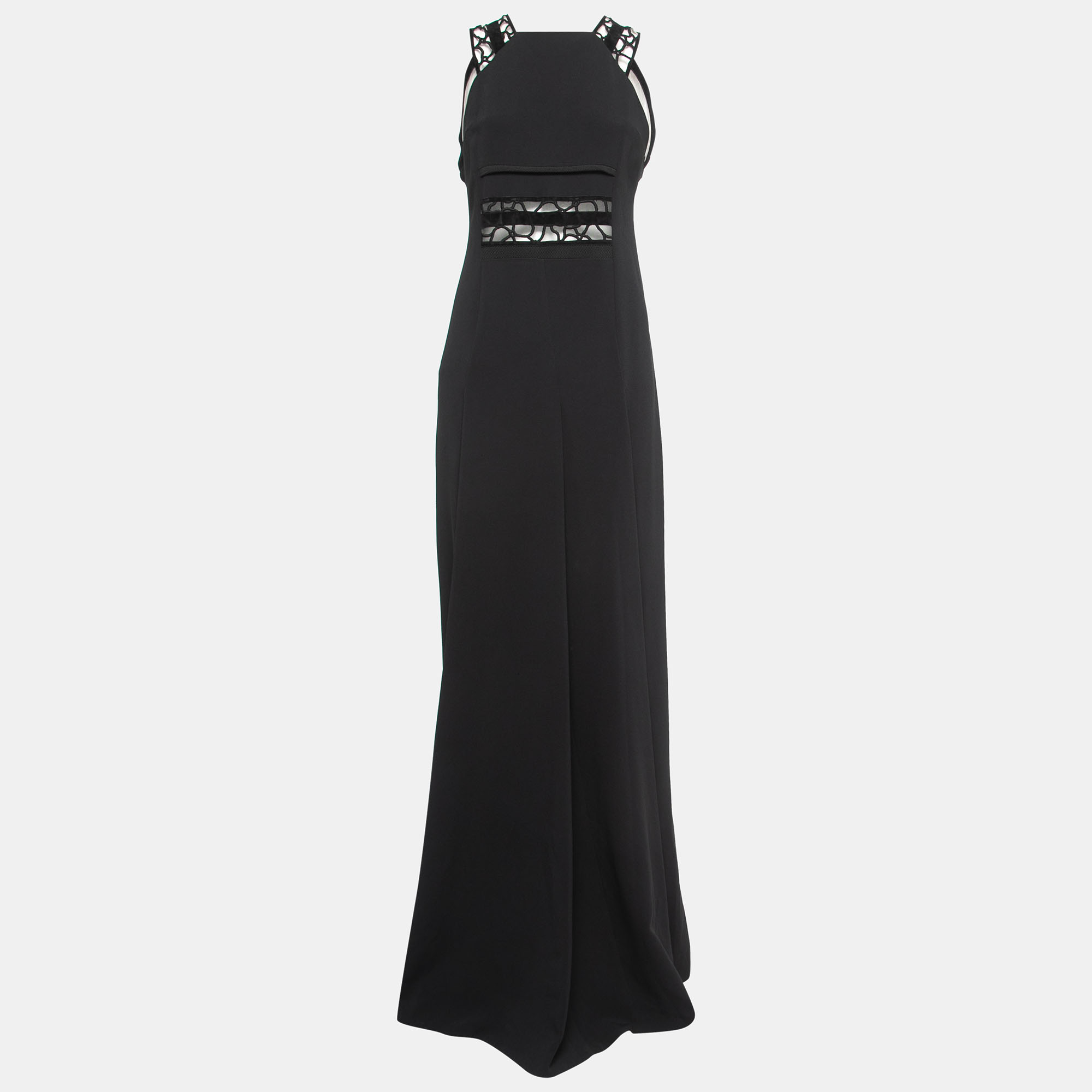 Pre-owned Roland Mouret Black Stretch Crepe Embroidered Lace Trim Gown M