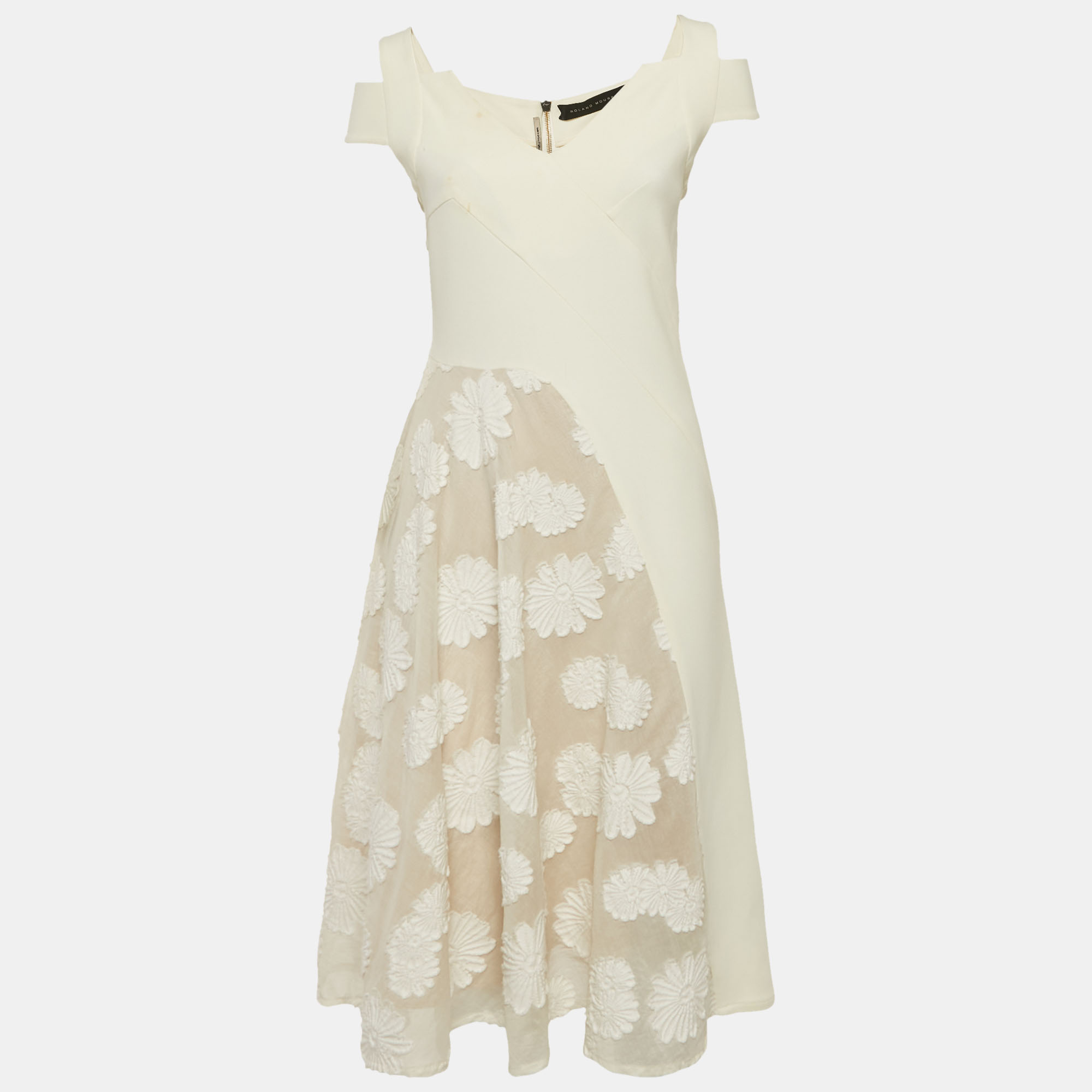 

Roland Mouret Off White Cotton & Crepe Stretch Floral Applique Midi Dress M